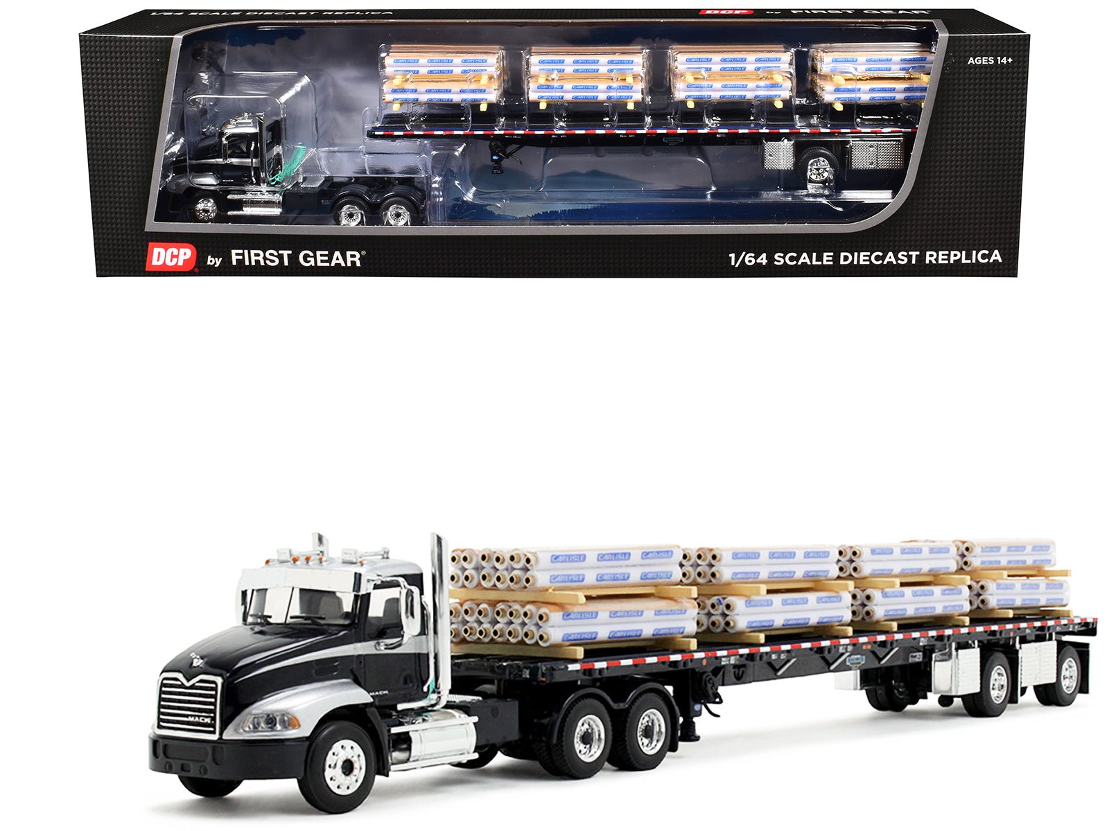 Mack Pinnacle Day Cab with Minimizer Parts & 53' Wilson Roadbrute Flatbed Trailer with "Carlisle Roofing" Loaded Pallets Black with Silver Top and Stripes 1/64 Diecast Model by DCP/First Gear free shipping USA - Rapid Vehicles