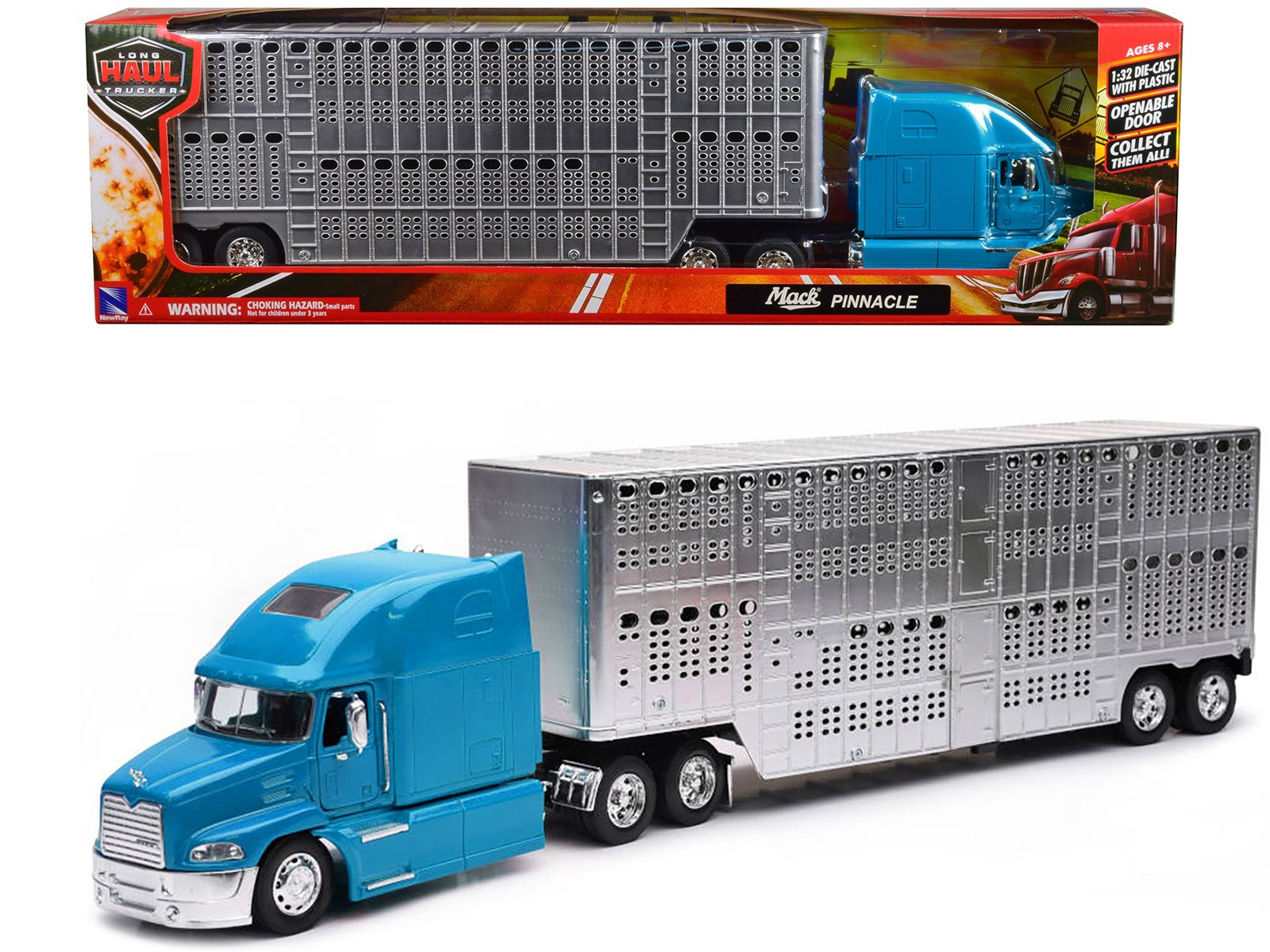 Mack Pinnacle Truck with Pot Belly Livestock Trailer Blue and Chrome "Long Haul Truckers" Series 1/32 Diecast Model by New Ray free shipping USA - Rapid Vehicles