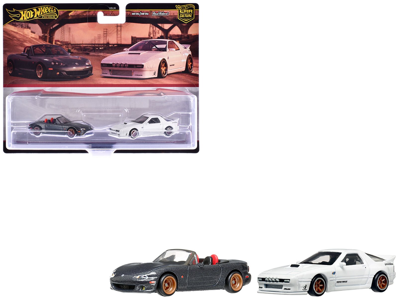 Mazda Mazdaspeed Miata Gray Metallic and Mazda RX7 FC Pandem White "Car Culture" Set of 2 Cars Diecast Model Cars by Hot Wheels free shipping USA - Rapid Vehicles