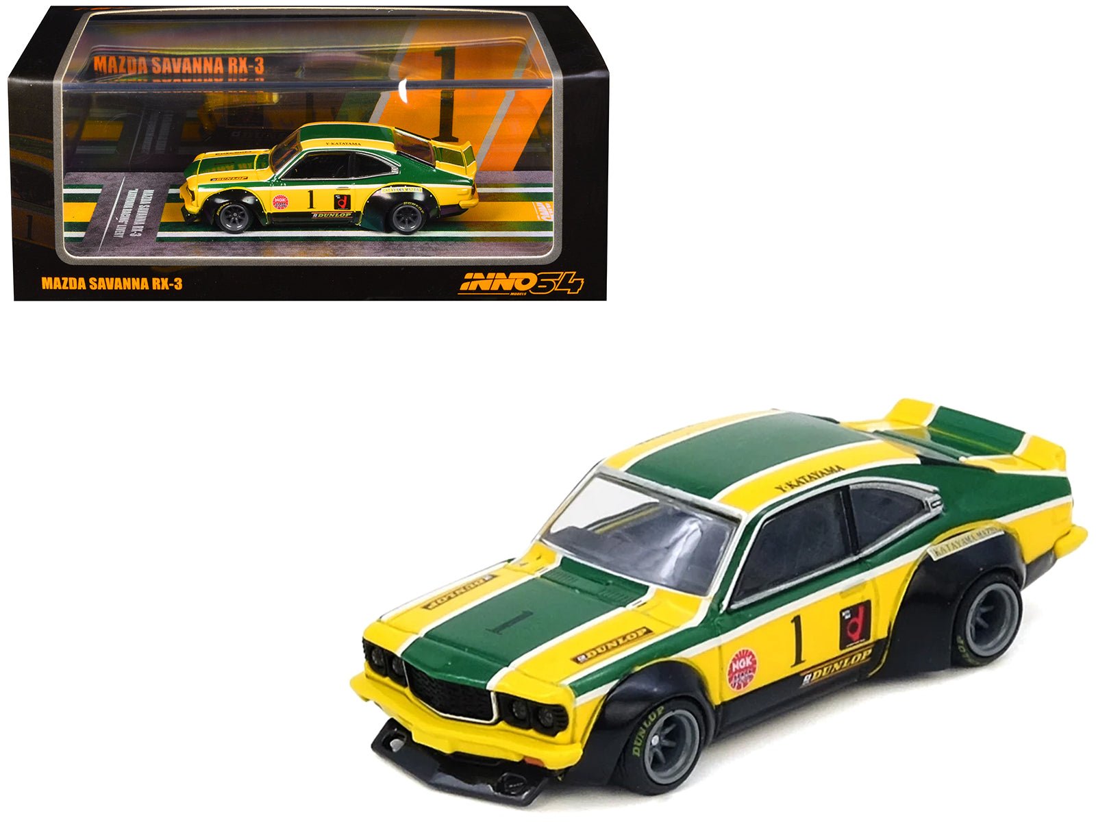 Mazda RX - 3 Savanna RHD (Right Hand Drive) 1 "Katayama Racing Livery" Green and Yellow Striped 1/64 Diecast Model Car by Inno Models free shipping USA - Rapid Vehicles