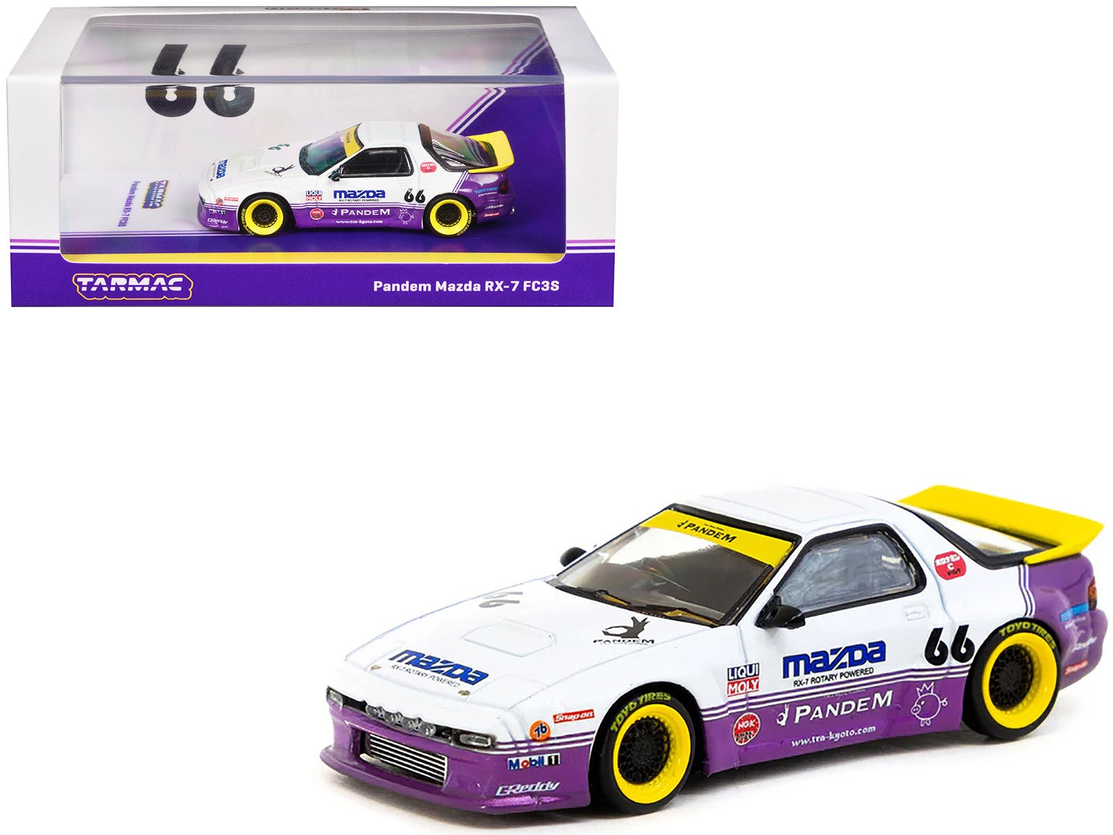 Mazda RX - 7 FC3S Pandem RHD (Right Hand Drive) 66 White and Purple with Graphics "Hobby64" Series 1/64 Diecast Model Car by Tarmac Works free shipping USA - Rapid Vehicles