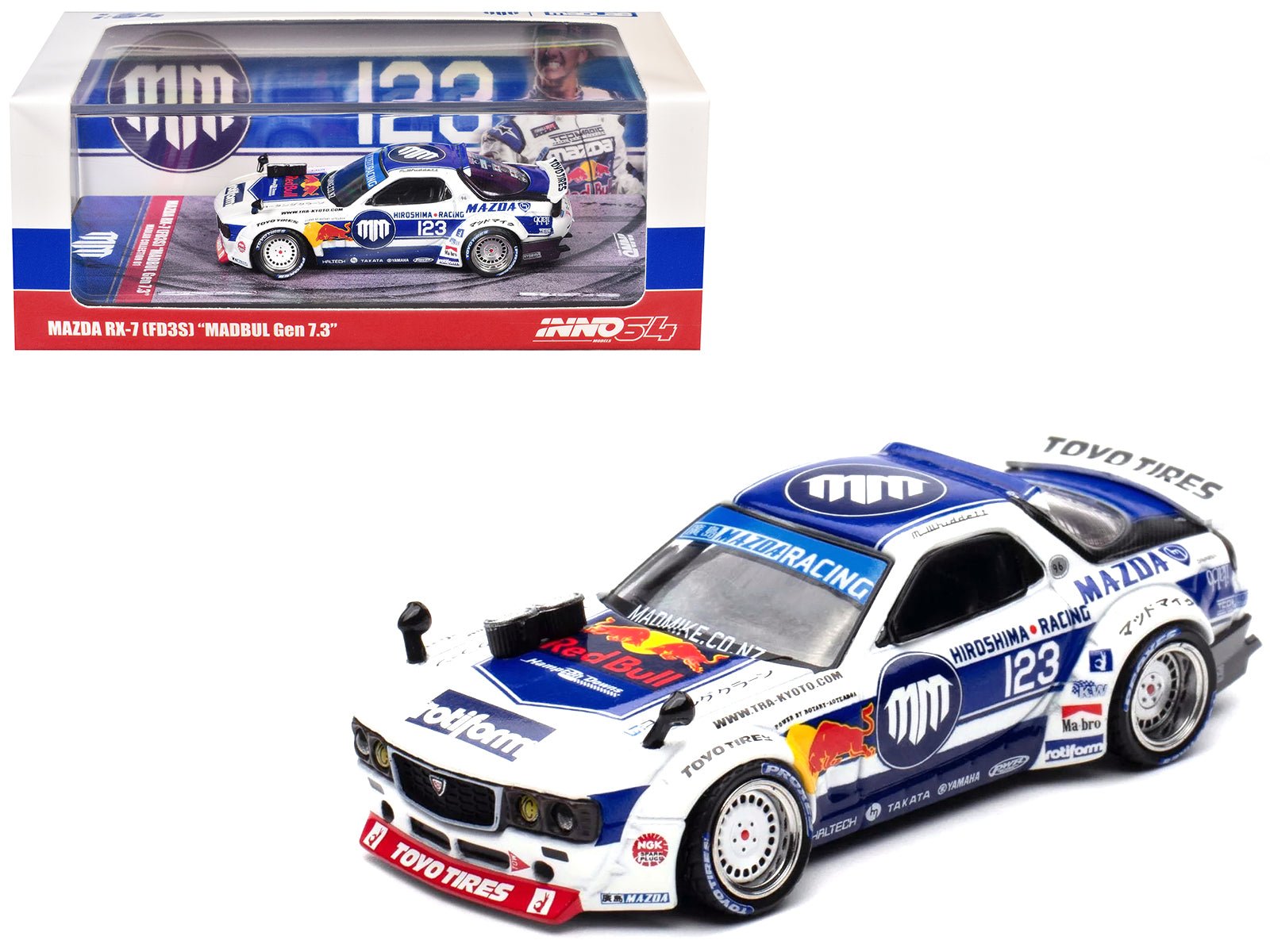 Mazda RX - 7 (FD3S) RHD (Right Hand Drive) 123 "Pandem Rocket Bunny MADBUL Gen 7.3" White and Blue with Graphics "MadLab Collection 01" 1/64 Diecast Model Car by Inno Models free shipping USA - Rapid Vehicles