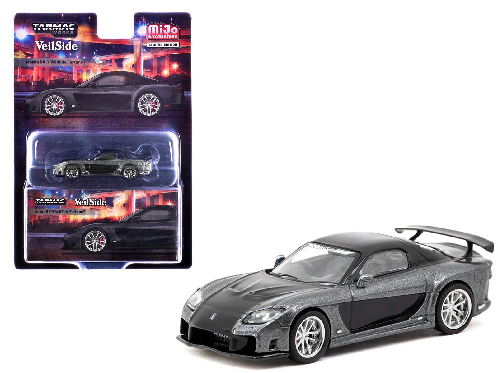 Mazda RX-7 "VeilSide Fortune7" RHD (Right Hand Drive) Gray Metallic and Black "Global64" Series 1/64 Diecast Model Car by Tarmac Works free shipping USA - Rapid Vehicles