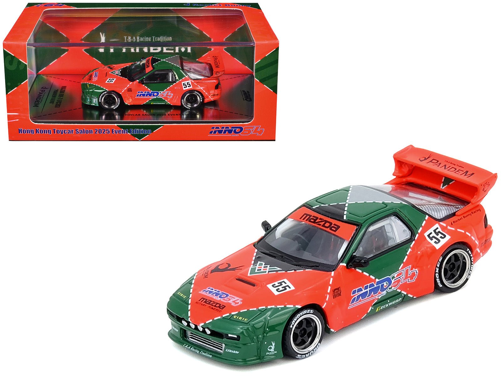 Mazda RX7 (FC3S) "Pandem Aero" RHD (Right Hand Drive) 55 Red and Green "Hong Kong Toycar Salon 2025 Event Edition" 1/64 Diecast Model Car by Inno Models free shipping USA - Rapid Vehicles