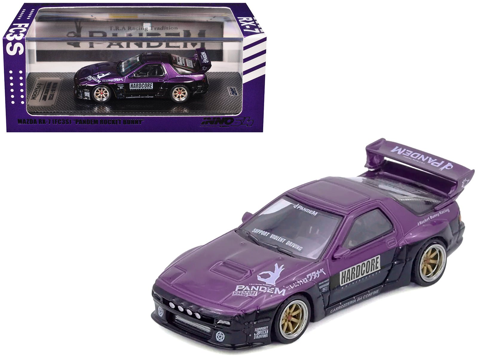 Mazda RX7 (FC3S) "Pandem Rocket Bunny" Kit Purple Metallic and Black 1/64 Diecast Model Car by Inno Models free shipping USA - Rapid Vehicles
