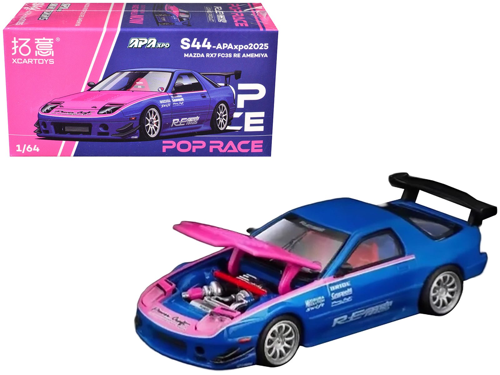 Mazda RX7 (FC3S) RE Amemiya RHD (Right Hand Drive) Blue Metallic with Pink Hood "APA XPO 2025 Exclusive" 1/64 Diecast Model Car by Pop Race free shipping USA - Rapid Vehicles