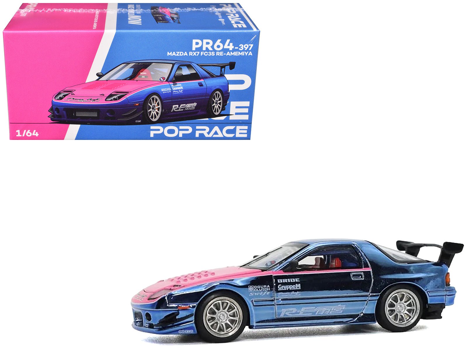 Mazda RX7 (FC3S) RE Amemiya RHD (Right Hand Drive) Blue Metallic with Pink Hood "Los Angeles Edition" 1/64 Diecast Model Car by Pop Race free shipping USA - Rapid Vehicles