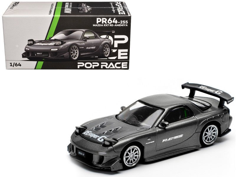 Mazda RX7 (FD) "RE Amemiya" Widebody RHD (Right Hand Drive) Gunmetal Gray Metallic with Carbon Hood 1/64 Diecast Model Car by Pop Race free shipping USA - Rapid Vehicles