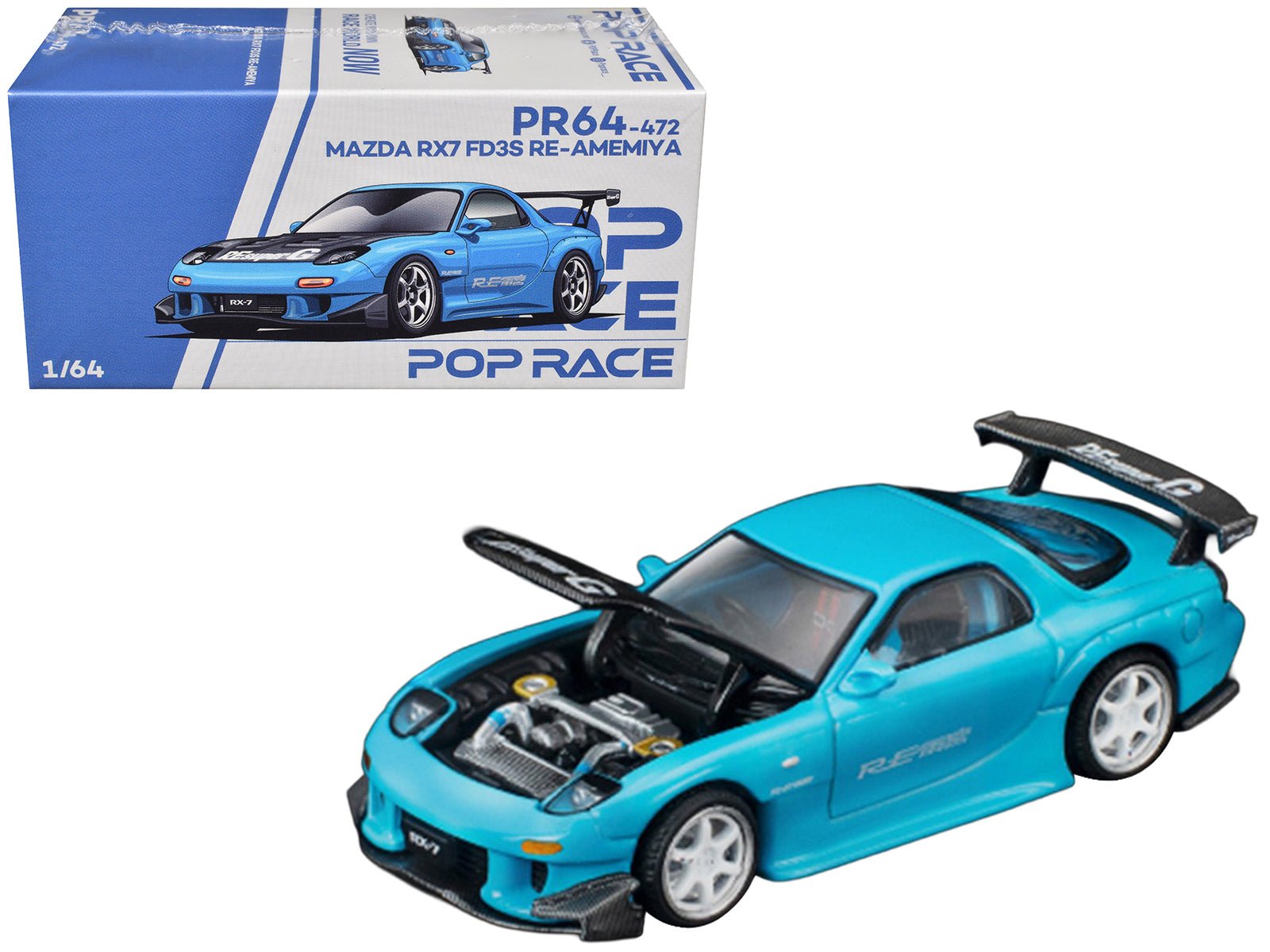 Mazda RX7 (FD3S) RE Amemiya RHD (Right Hand Drive) Light Blue with Carbon Hood "Tokyo Auto Salon 2026" 1/64 Diecast Model Car by Pop Race free shipping USA - Rapid Vehicles
