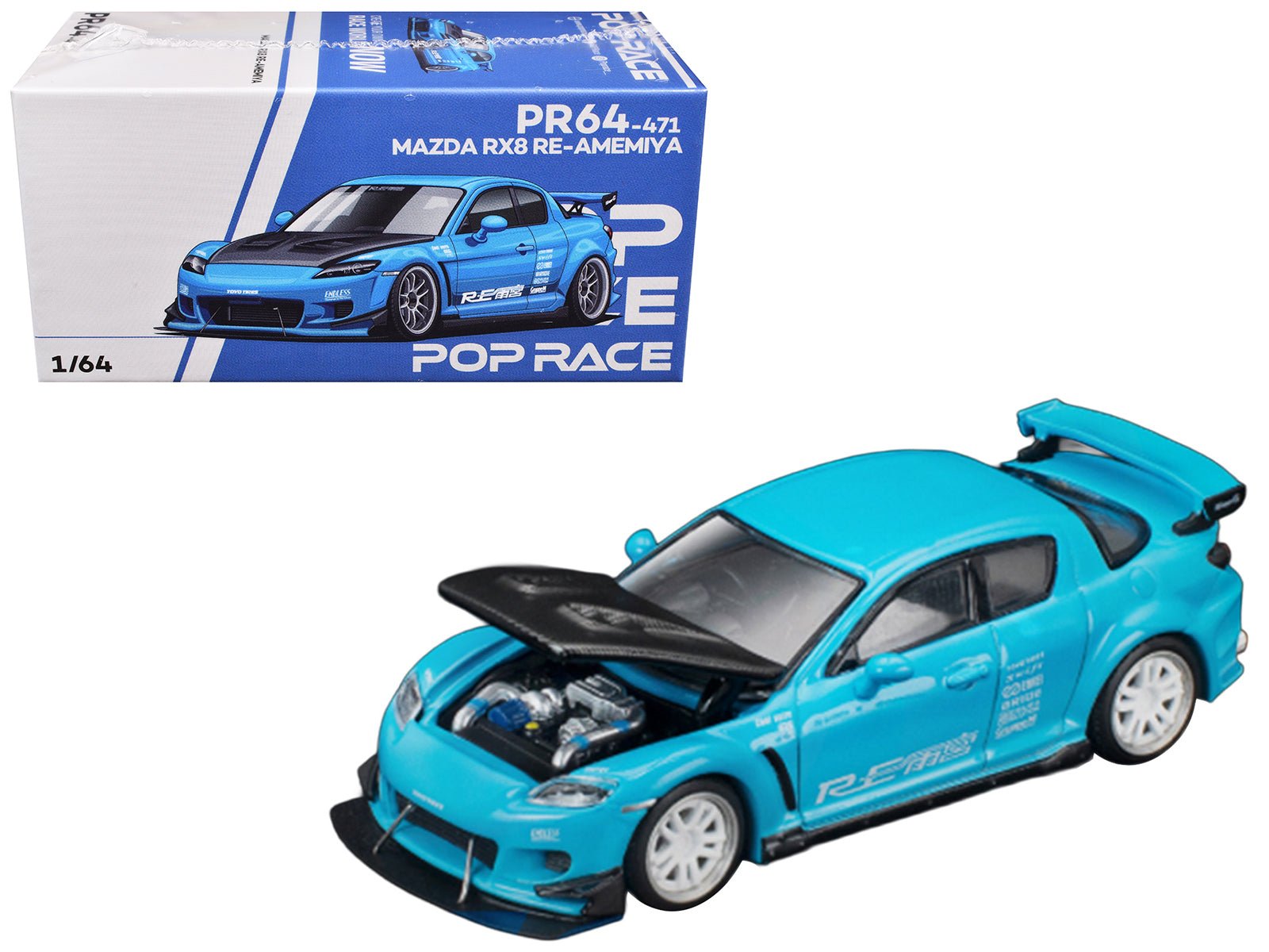 Mazda RX8 RE Amemiya RHD (Right Hand Drive) Light Blue with Carbon Hood "Tokyo Auto Salon 2026" 1/64 Diecast Model Car by Pop Race free shipping USA - Rapid Vehicles