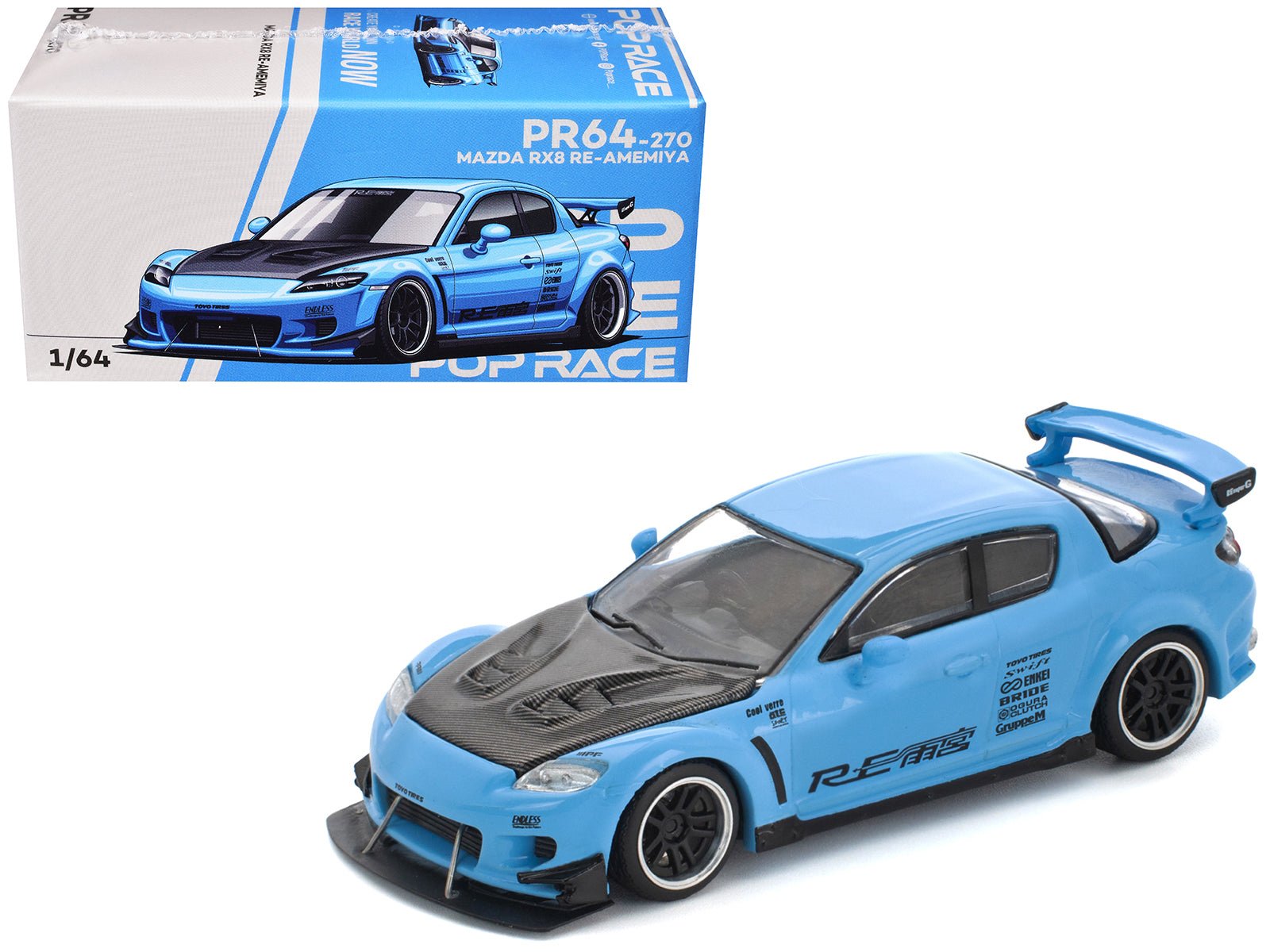 Mazda RX8 RE-Amemiya Widebody RHD (Right Hand Drive) Light Blue with Carbon Hood 1/64 Diecast Model Car by Pop Race free shipping USA - Rapid Vehicles