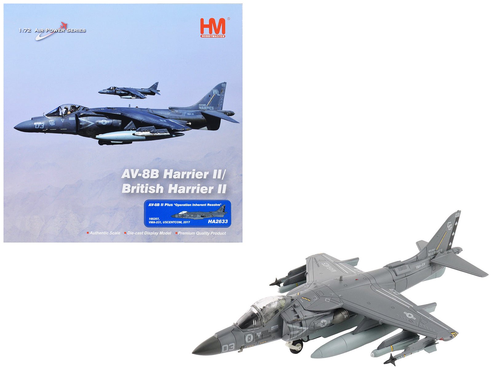 McDonnell Douglas AV - 8B Plus Harrier II Aircraft "165357 VMA - 231 Ace of Spades Operation Inherent Resolve USCENTCOM" (2017) United States Marine Corps "Air Power Series" 1/72 Diecast Model by Hobby Master free shipping USA - Rapid Vehicles