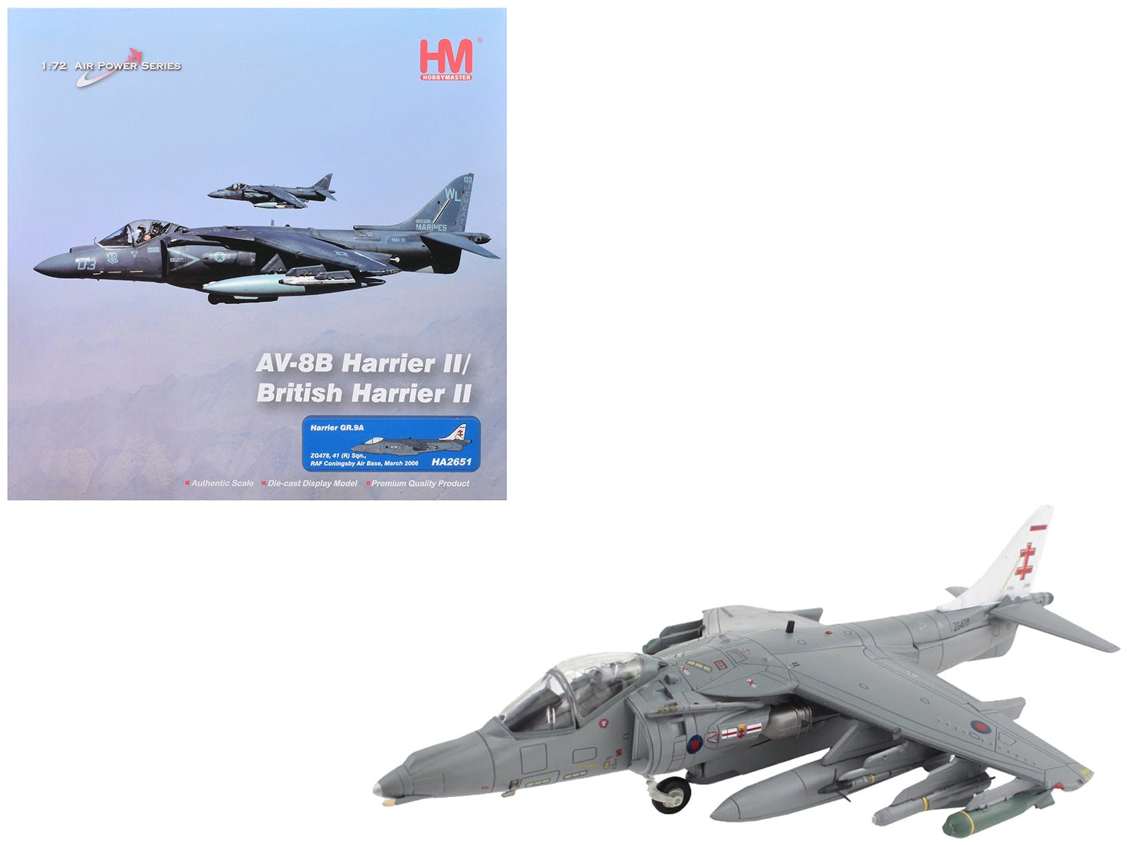 McDonnell Douglas AV - 8B/British Harrier II GR.9A Aircraft "41 (R) Squadron RAF Coningsby Air Base" (2006) Royal Air Force "Air Power Series" 1/72 Diecast Model by Hobby Master free shipping USA - Rapid Vehicles