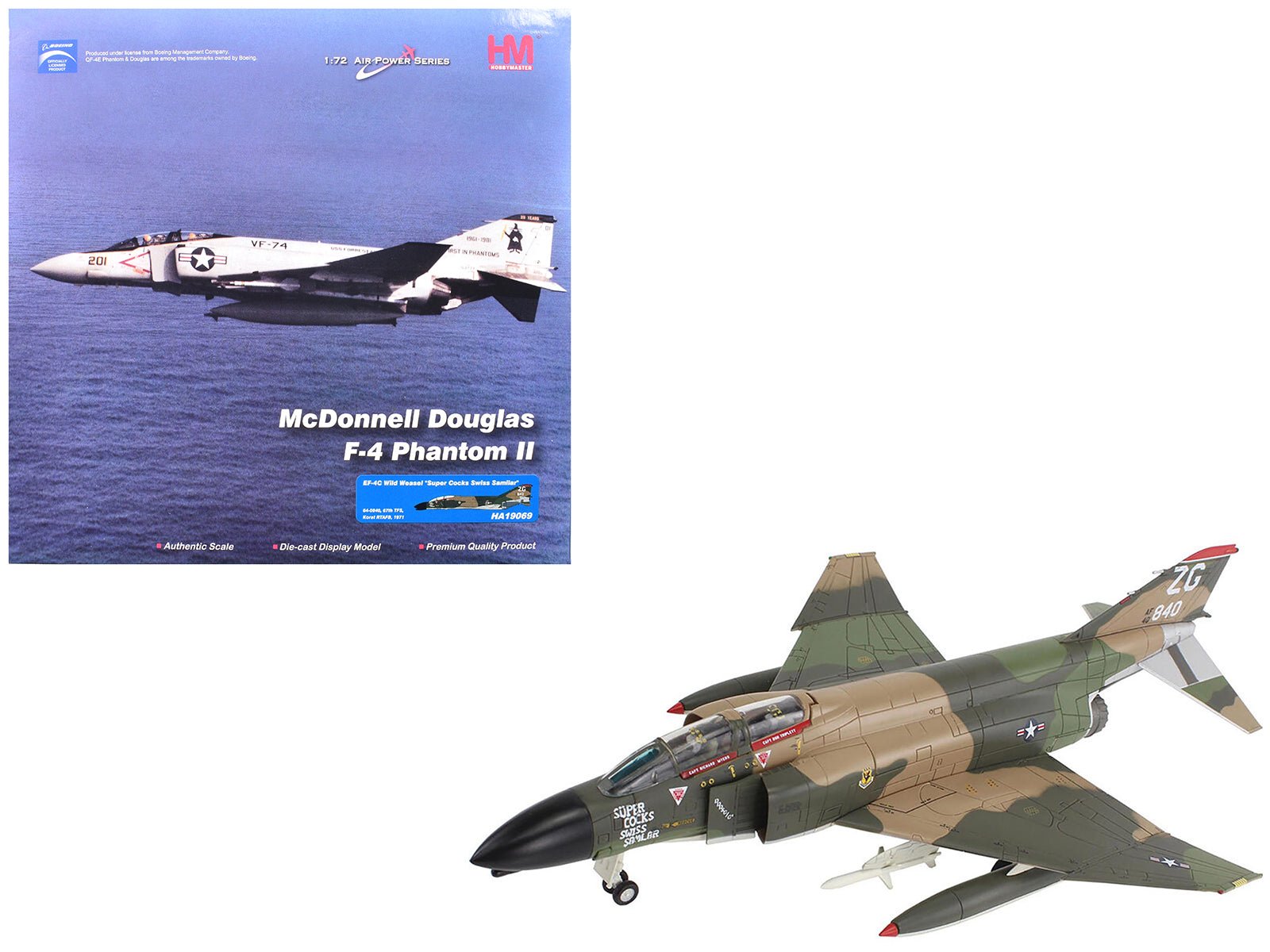 McDonnell Douglas EF - 4C Wild Weasel Fighter - Bomber Aircraft "64 - 0840 67th TFS Korat RTAFB Super Cocks Swiss Samilar" (1971) United States Air Force "Air Power Series" 1/72 Diecast Model by Hobby Master free shipping USA - Rapid Vehicles