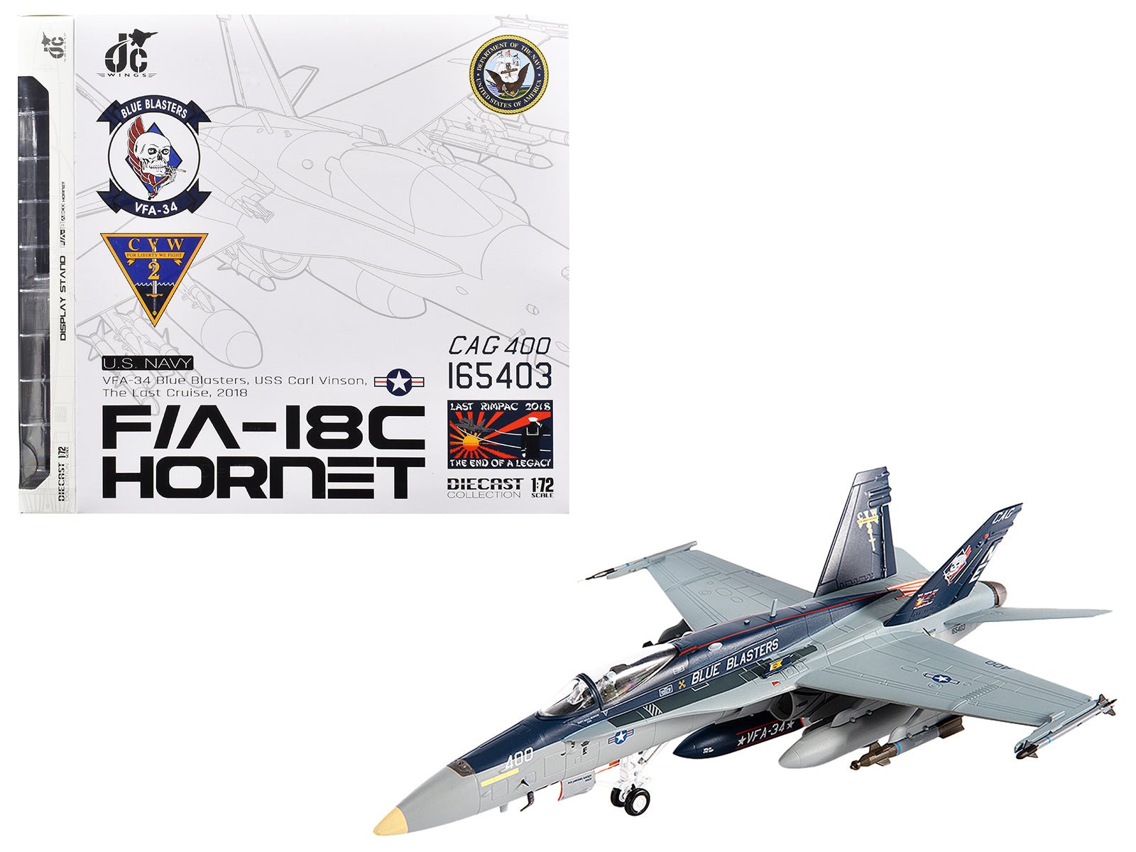McDonnell Douglas F/A - 18C Hornet Aircraft "VFA - 34 Blue Blasters USS Carl Vinson Last Cruise" (2018) United States Navy 1/72 Diecast Model by JC Wings free shipping USA - Rapid Vehicles