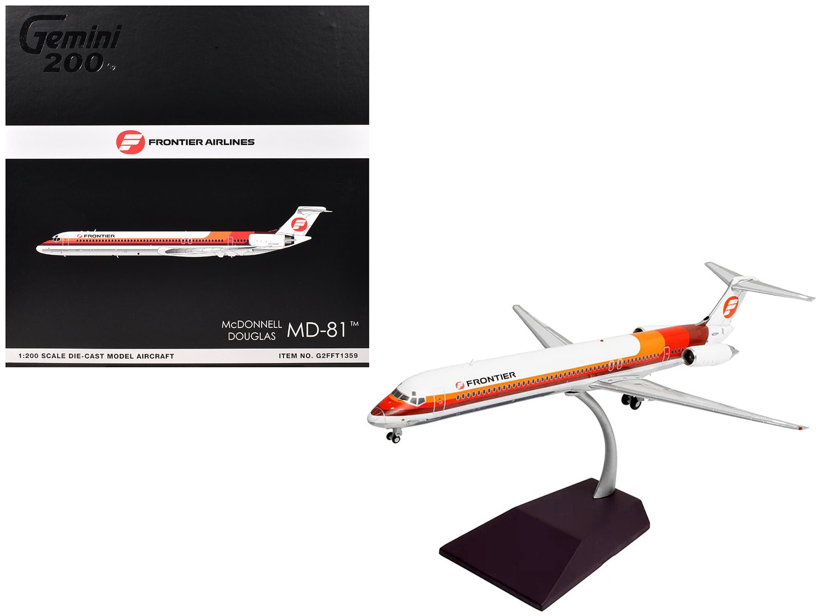 McDonnell Douglas MD - 81 Commercial Aircraft "Frontier Airlines" (N859HA) White with Red and Orange Stripes "Gemini 200" Series 1/200 Diecast Model Airplane by GeminiJets free shipping USA - Rapid Vehicles