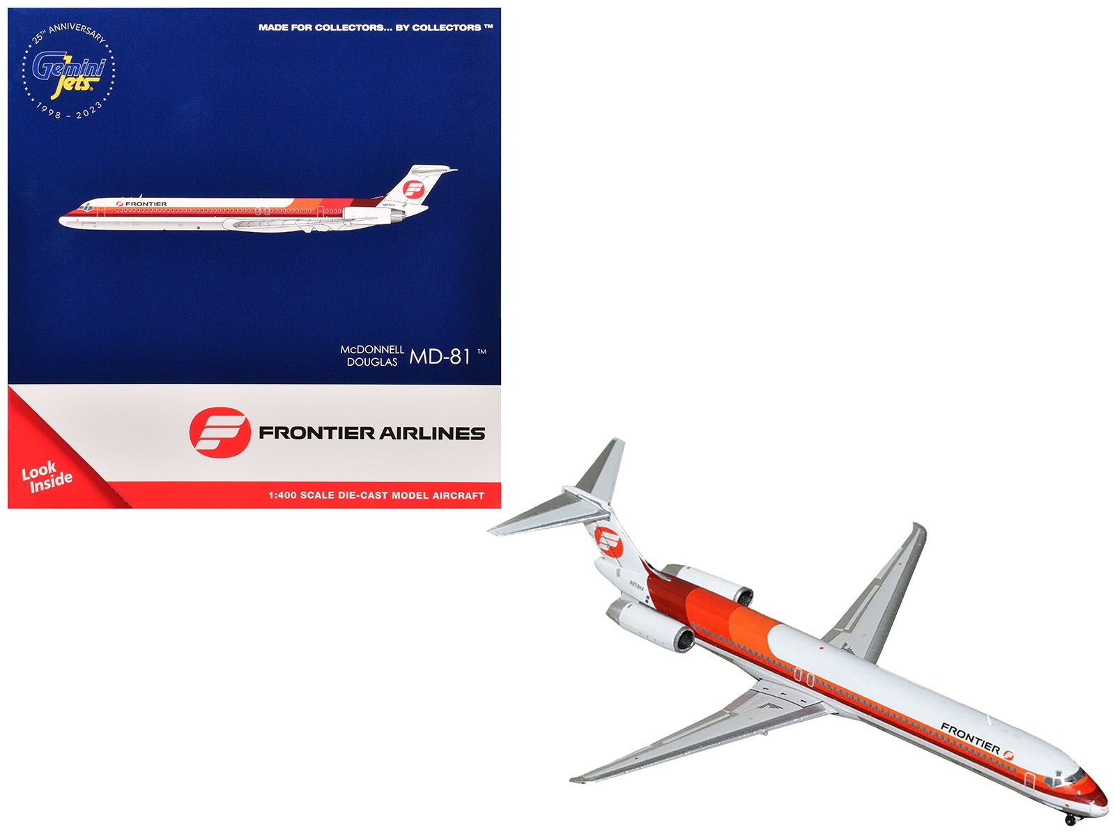 McDonnell Douglas MD - 81 Commercial Aircraft "Frontier Airlines" (N859HA) White with Stripes 1/400 Diecast Model Airplane by GeminiJets free shipping USA - Rapid Vehicles