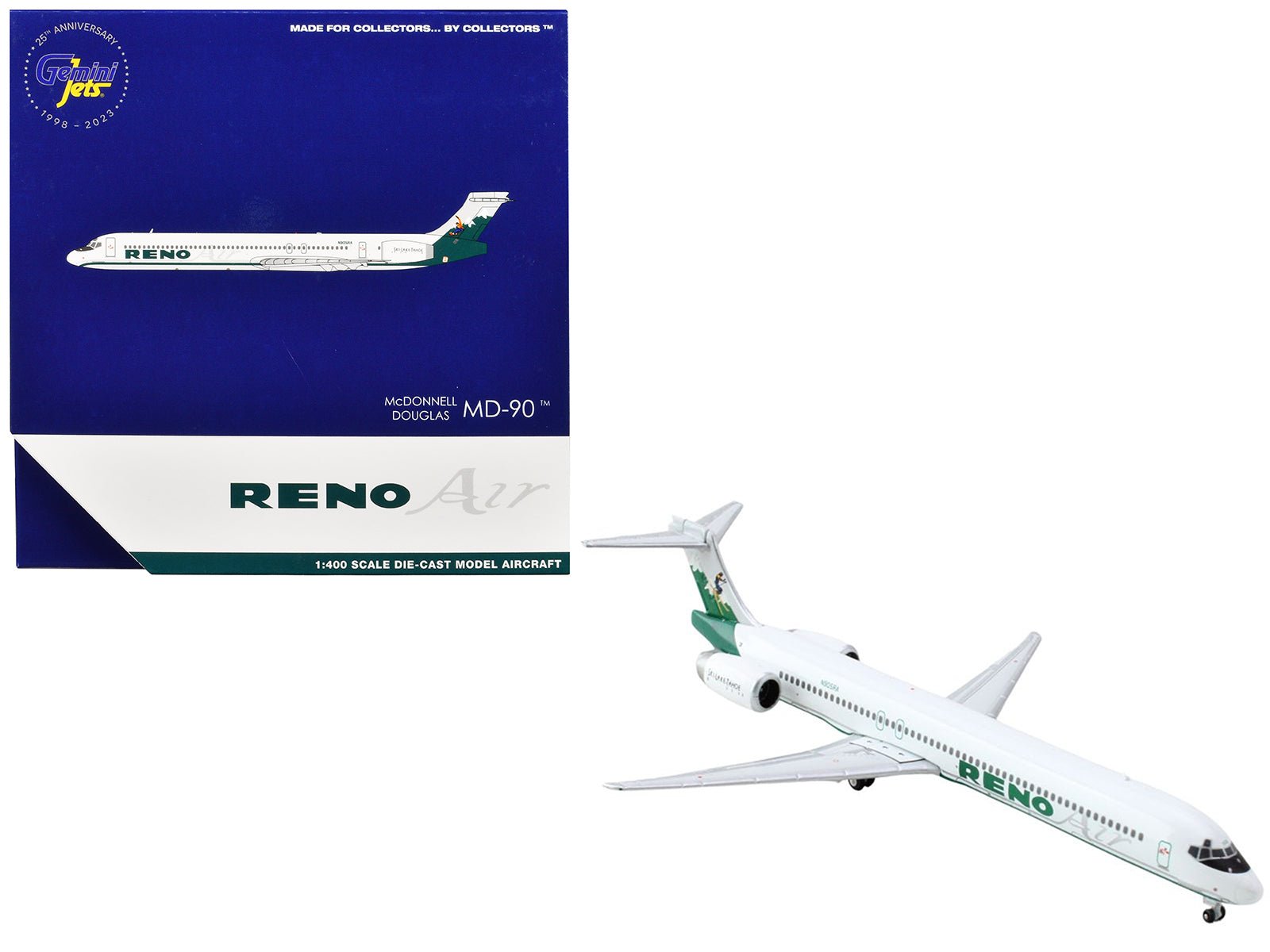 McDonnell Douglas MD - 90 Commercial Aircraft "Reno Air" (N905RA) White with Green Tail 1/400 Diecast Model Airplane by GeminiJets free shipping USA - Rapid Vehicles