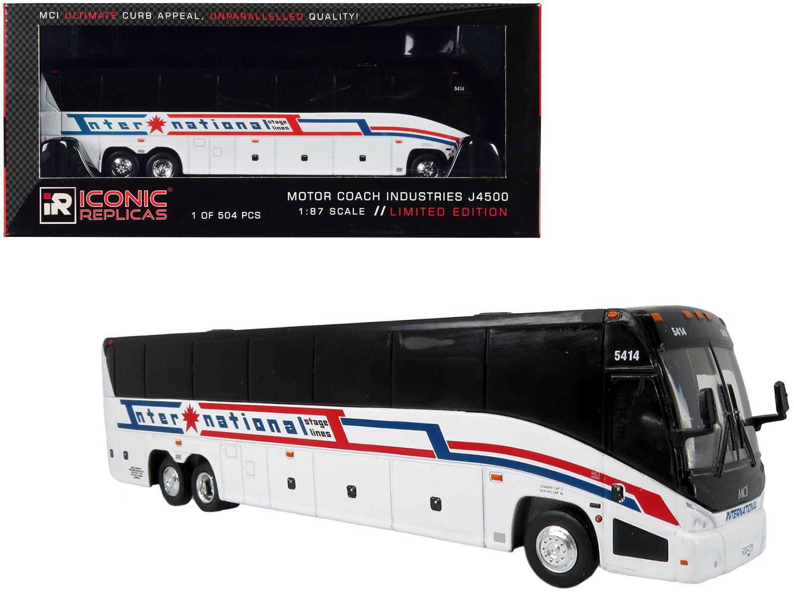 MCI J4500 Coach Bus "International Stage Lines" White "The Bus & Motorcoach Collection" Limited Edition to 504 pieces Worldwide 1/87 (HO) Diecast Model by Iconic Replicas free shipping USA - Rapid Vehicles