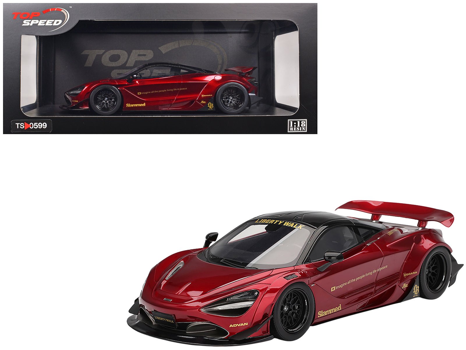 McLaren 720S "LB - Works" Gem Red Metallic with Black Top 1/18 Model Car by Top Speed free shipping USA - Rapid Vehicles