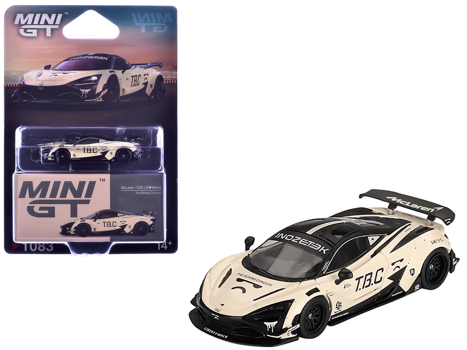 McLaren 720S LB - Works "The Boring Concept" Cream and Black Limited Edition 1/64 Diecast Model Car by Mini GT free shipping USA - Rapid Vehicles