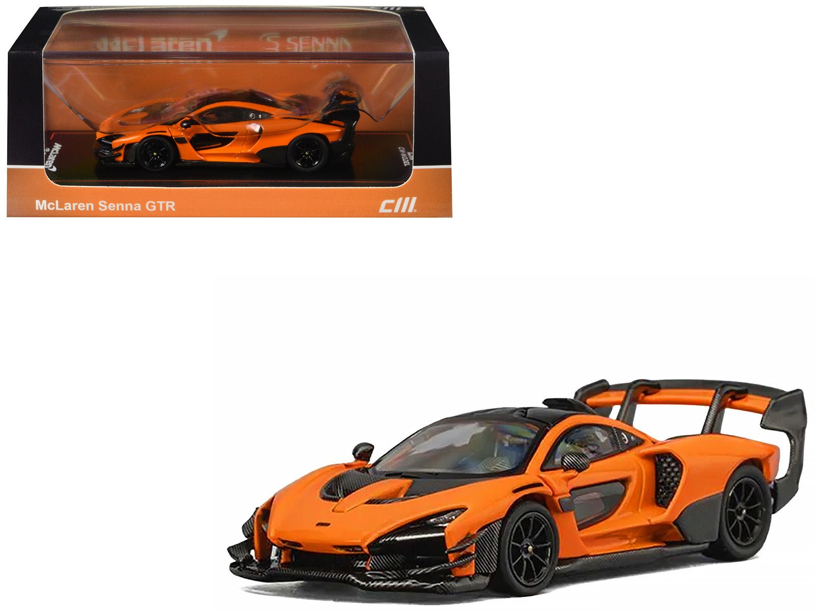McLaren Senna GTR Orange Metallic with Carbon Hood and Black Top 1/64 Diecast Model Car by CM Model free shipping USA - Rapid Vehicles