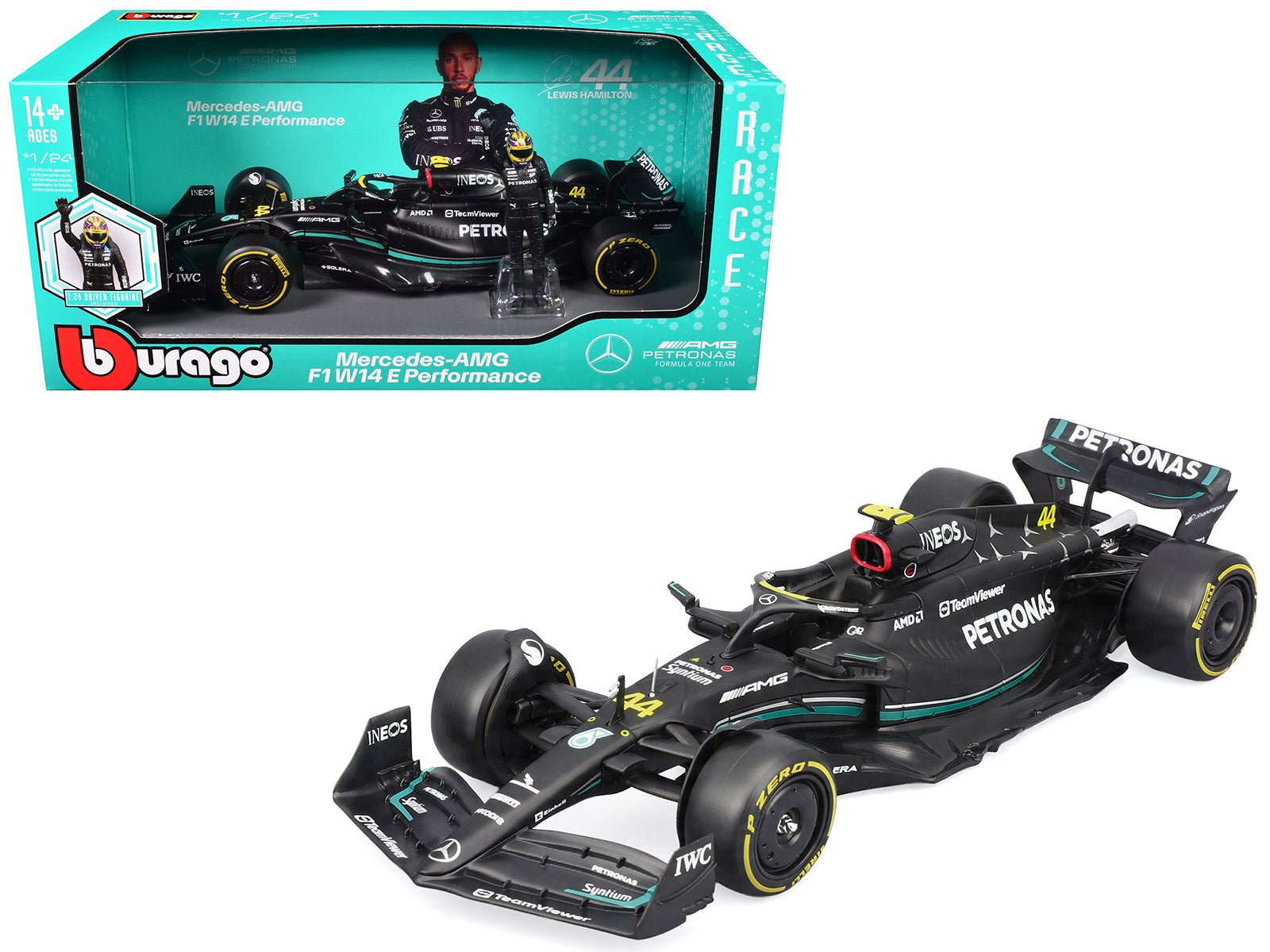 Mercedes - AMG F1 W14 E Performance 44 Lewis Hamilton "Petronas" Formula One F1 "World Championship" (2023) with Driver Figure "Race" Series 1/24 Diecast Model Car by Bburago free shipping USA - Rapid Vehicles
