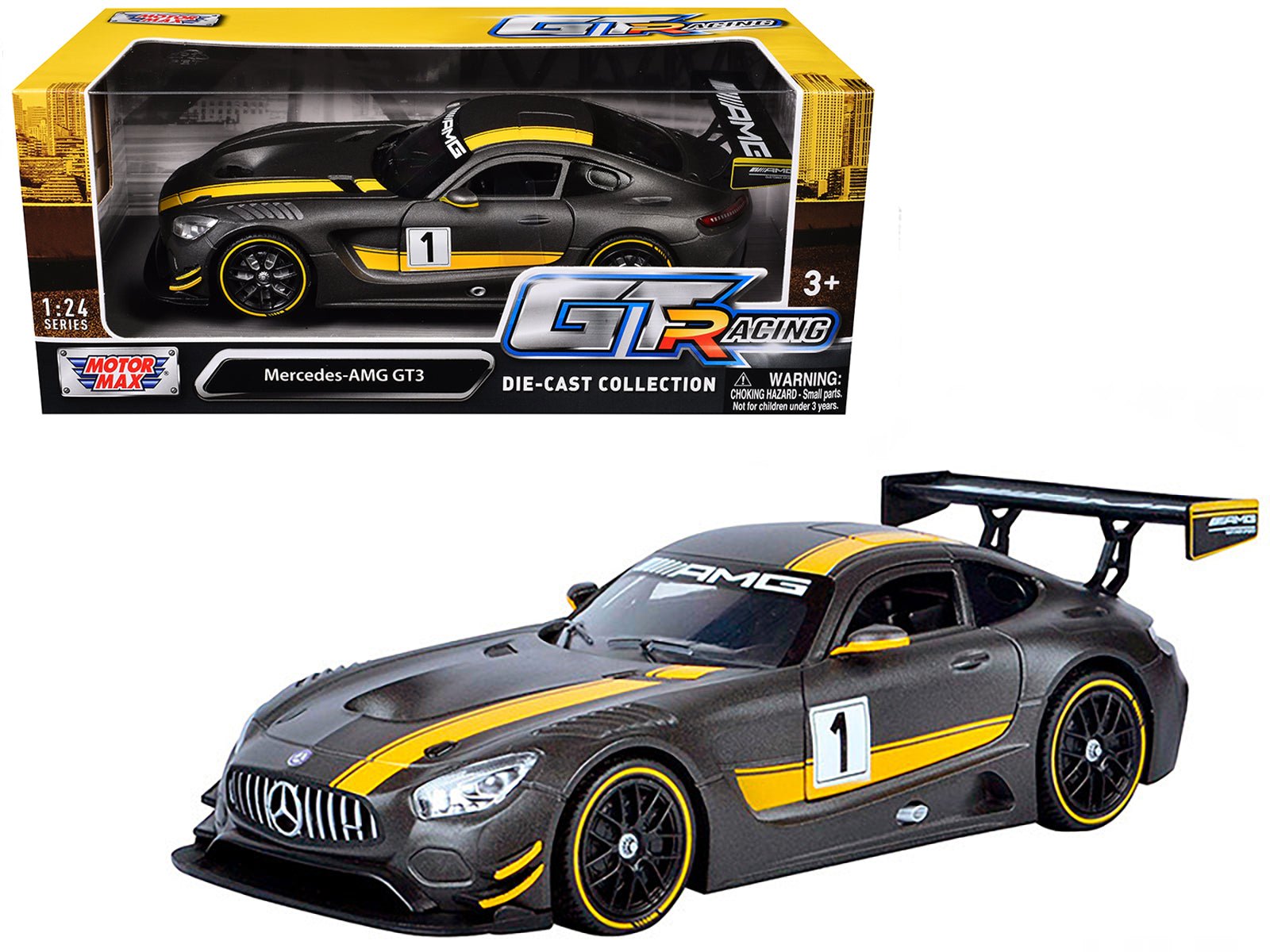 Mercedes AMG GT3 1 Matt Gray with Yellow Stripes "GT Racing" 1/24 Diecast Model Car by Motormax free shipping USA - Rapid Vehicles