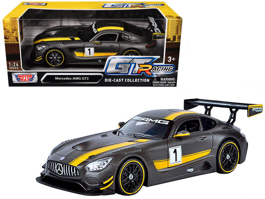 Mercedes AMG GT3 1 Matt Gray with Yellow Stripes "GT Racing" 1/24 Diecast Model Car by Motormax free shipping USA - Rapid Vehicles