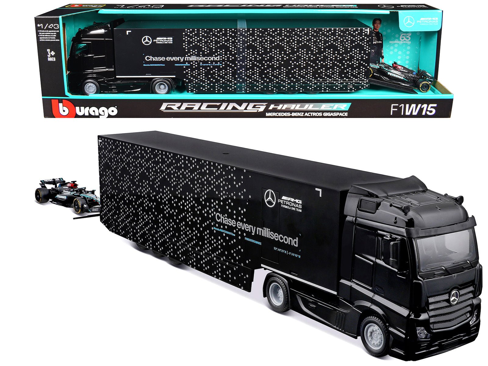 Mercedes-Benz Actros Gigaspace Car Transporter Black and Mercedes-AMG F1 W15 E Performance 63 George Russell "Petronas" Formula One F1 World Championship (2024) "Racing Hauler" Series 1/43 Diecast Model Car by Bburago free shipping USA - Rapid Vehicles