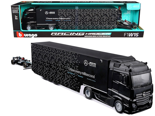 Mercedes-Benz Actros Gigaspace Car Transporter Black and Mercedes-AMG F1 W15 E Performance 63 George Russell "Petronas" Formula One F1 World Championship (2024) "Racing Hauler" Series 1/43 Diecast Model Car by Bburago free shipping USA - Rapid Vehicles