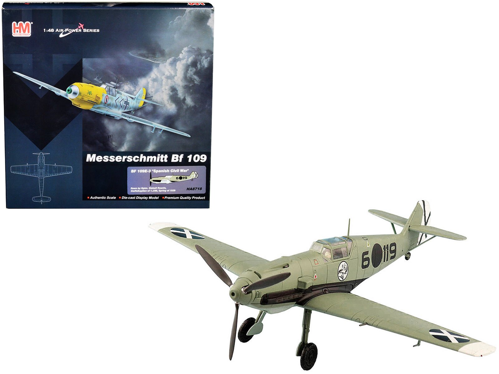 Messerschmitt BF 109E - 3 Fighter Aircraft "Hauptmann Siebelt Reents Spanish Civil War" (1939) "Air Power Series" 1/48 Diecast Model by Hobby Master free shipping USA - Rapid Vehicles