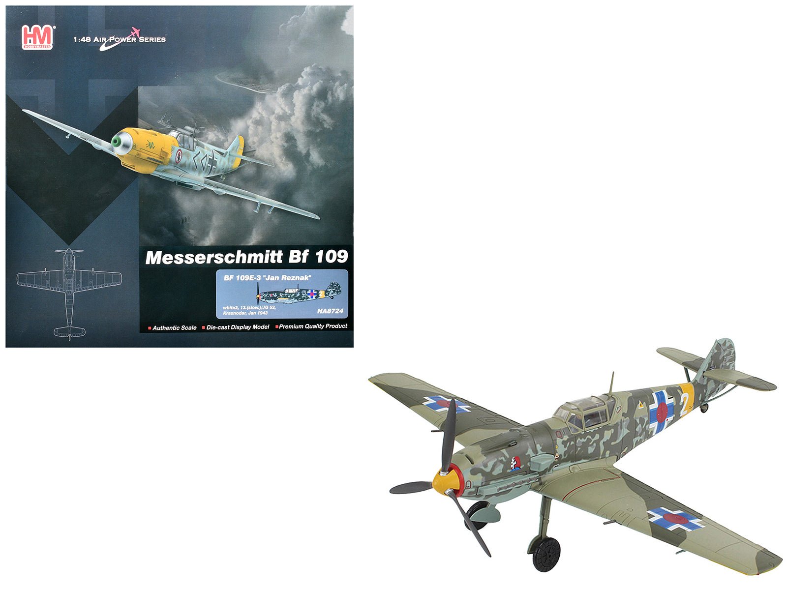 Messerschmitt Bf 109E-3 Fighter Aircraft "White 2 Jan Reznak 13.(slow)/JG 52 Kraznodar USSR" (1943) German Luftwaffe "Air Power Series" 1/48 Diecast Model by Hobby Master free shipping USA - Rapid Vehicles