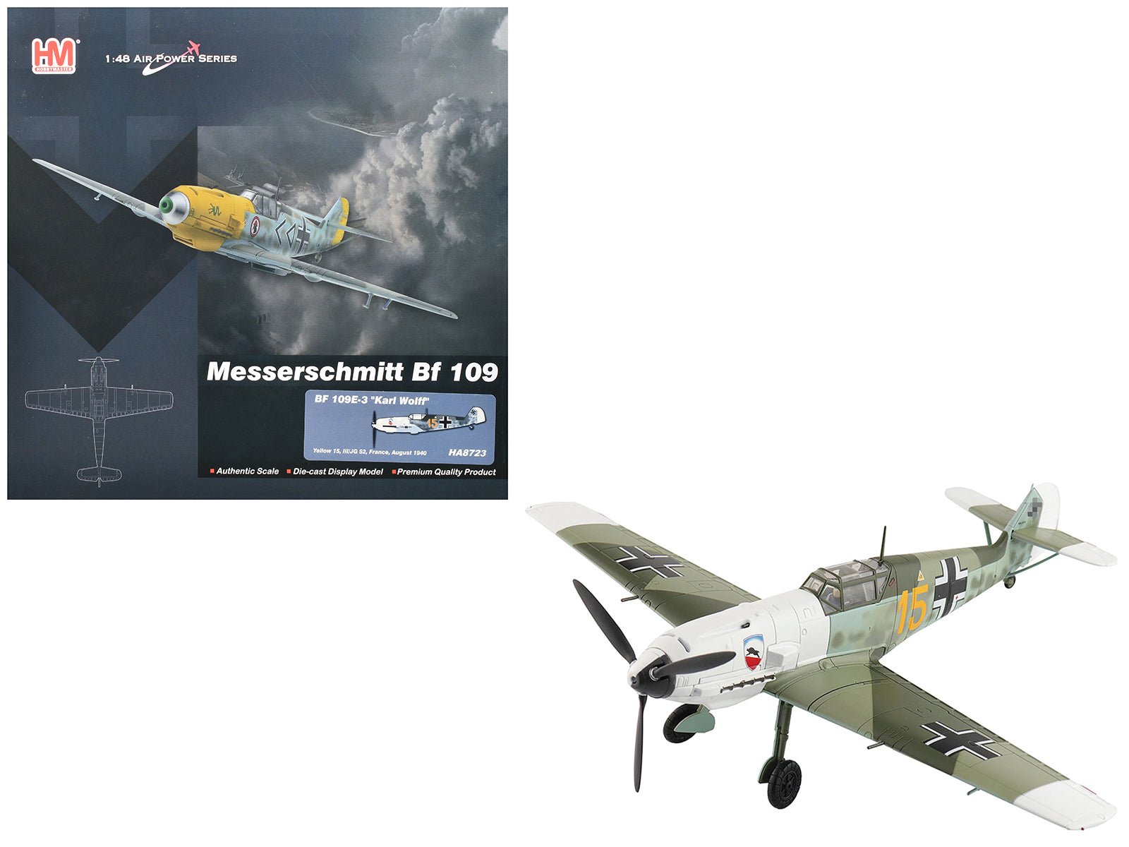 Messerschmitt Bf 109E - 3 Fighter Aircraft "Yellow 15 Karl Wolff III/JG 52 France" (1940) German Luftwaffe "Air Power Series" 1/48 Diecast Model by Hobby Master free shipping USA - Rapid Vehicles
