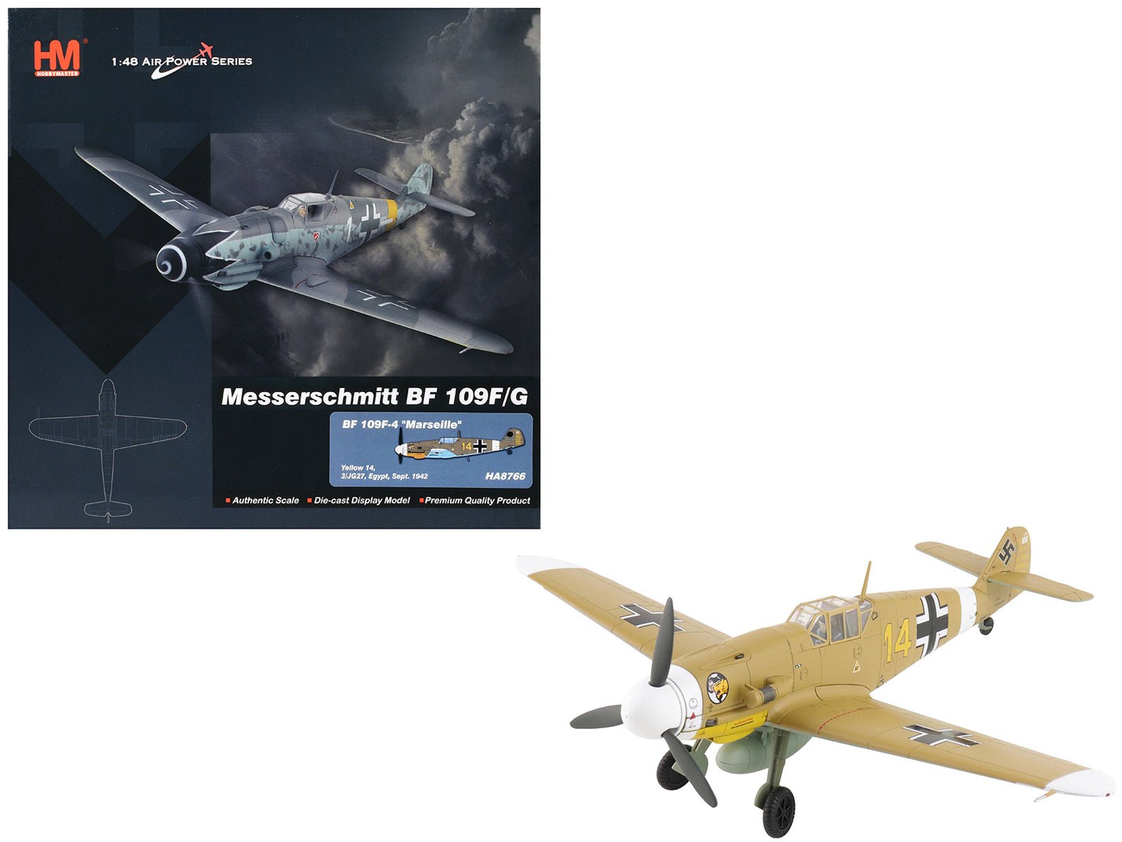 Messerschmitt Bf 109F - 4 Fighter Aircraft "Marseille Yellow 14 3./JG27 Egypt" (1942) German Luftwaffe "Air Power Series" 1/48 Diecast Model by Hobby Master free shipping USA - Rapid Vehicles