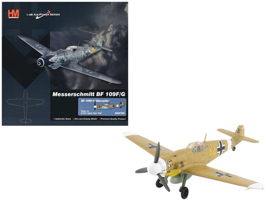 Messerschmitt Bf 109F - 4 Fighter Aircraft "Marseille Yellow 14 3./JG27 Egypt" (1942) German Luftwaffe "Air Power Series" 1/48 Diecast Model by Hobby Master free shipping USA - Rapid Vehicles
