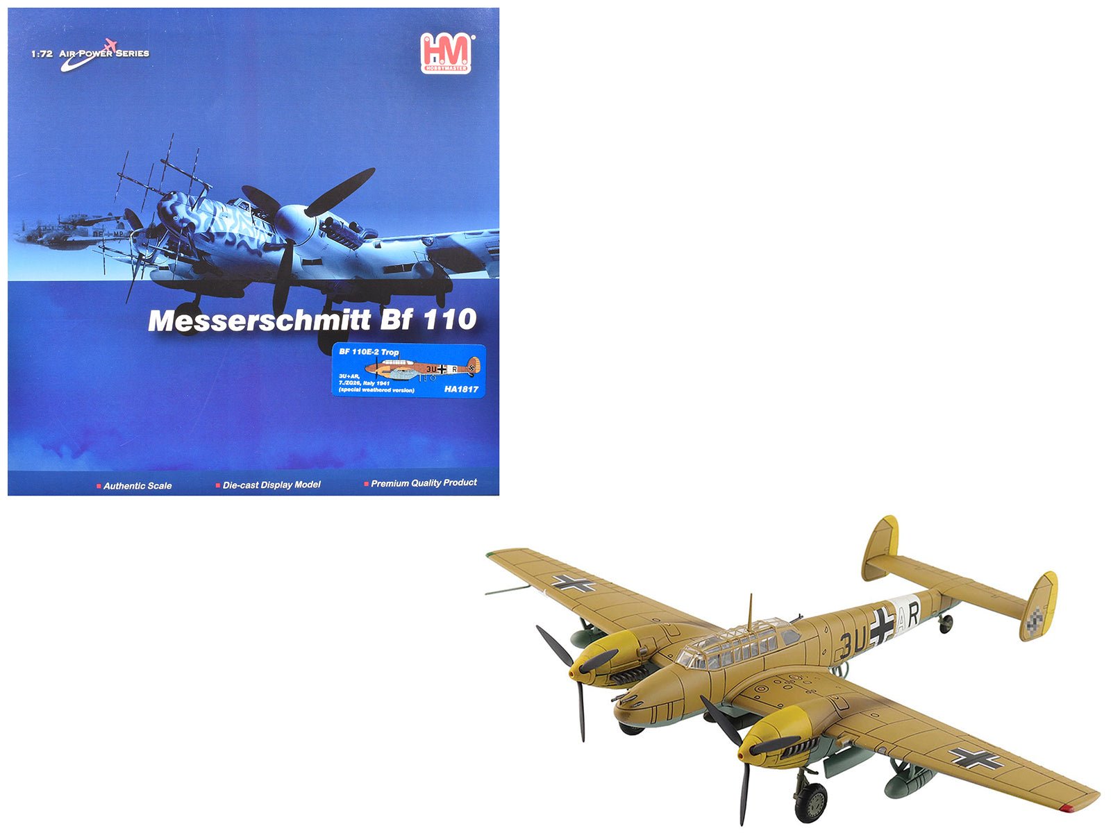 Messerschmitt BF 110E - 2 Trop Fighter Aircraft "3U+AR 7./ZG26 Italy" (1941) German Luftwaffe "Air Power Series" 1/72 Diecast Model by Hobby Master free shipping USA - Rapid Vehicles