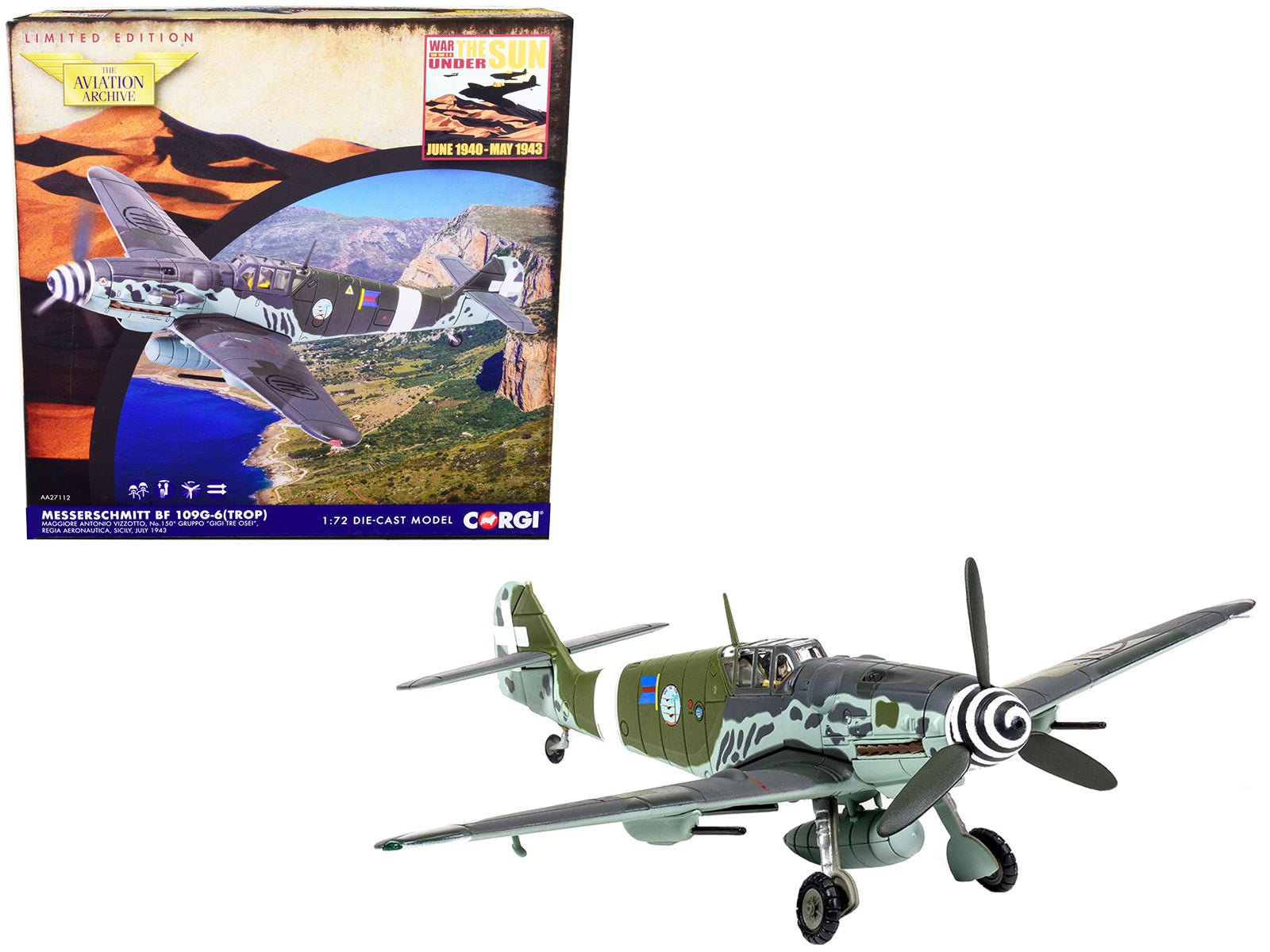 Messerschmitt Me109G - 6 (Trop) Fighter Aircraft "Maggiore Antonio Vizzotto 150 Gruppo Gigi Tre Osei Regia Aeronautica Sicily" (July 1943) "The Aviation Archive" Series 1/72 Diecast Model by Corgi free shipping USA - Rapid Vehicles