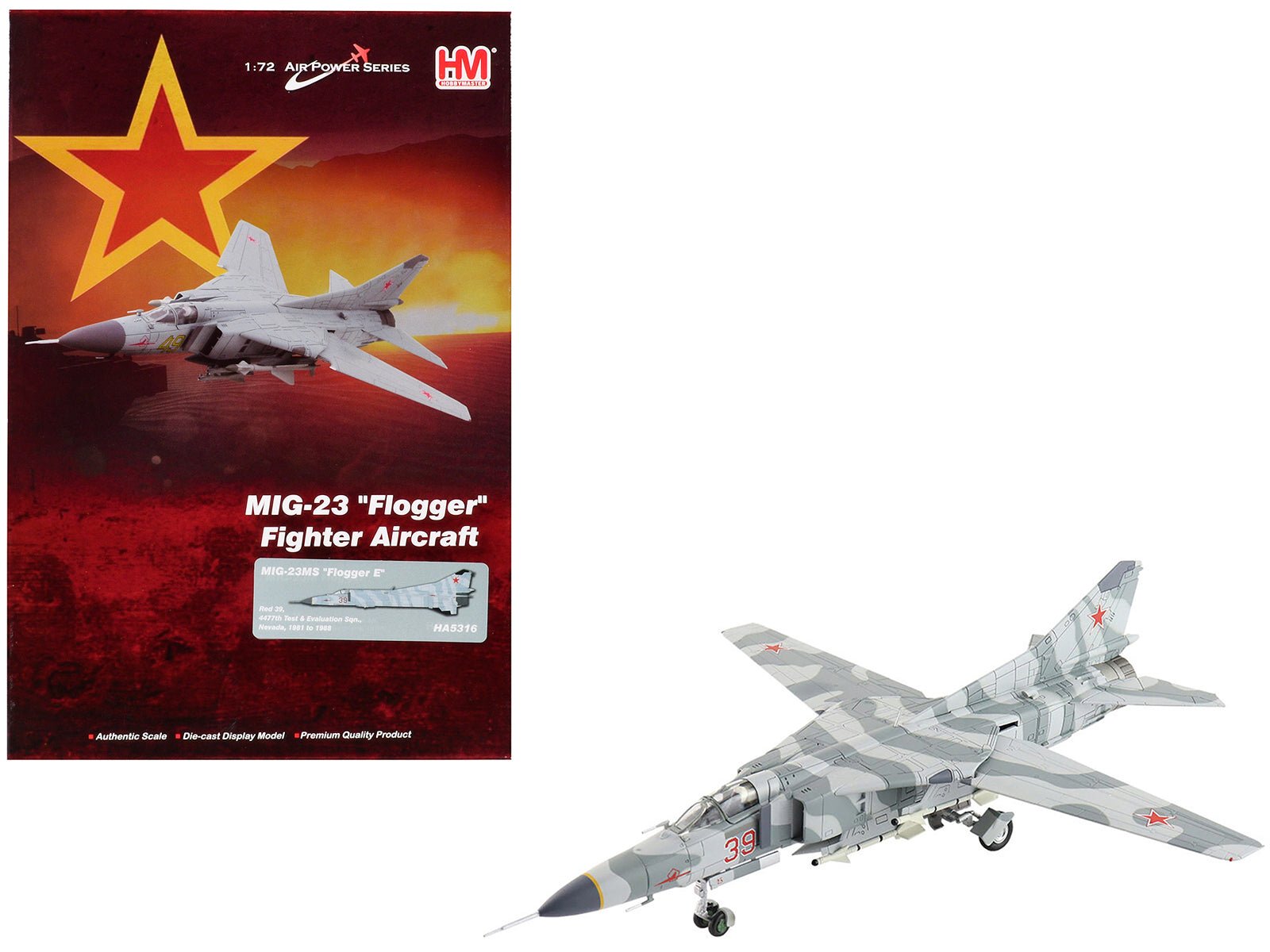 Mikoyan - Gurevich MiG - 23MS Flogger - E Fighter Aircraft "4477th Test and Evaluation Squadron Red Eagles Nevada" (1981 - 88) United States Air Force "Air Power Series" 1/72 Diecast Model by Hobby Master free shipping USA - Rapid Vehicles