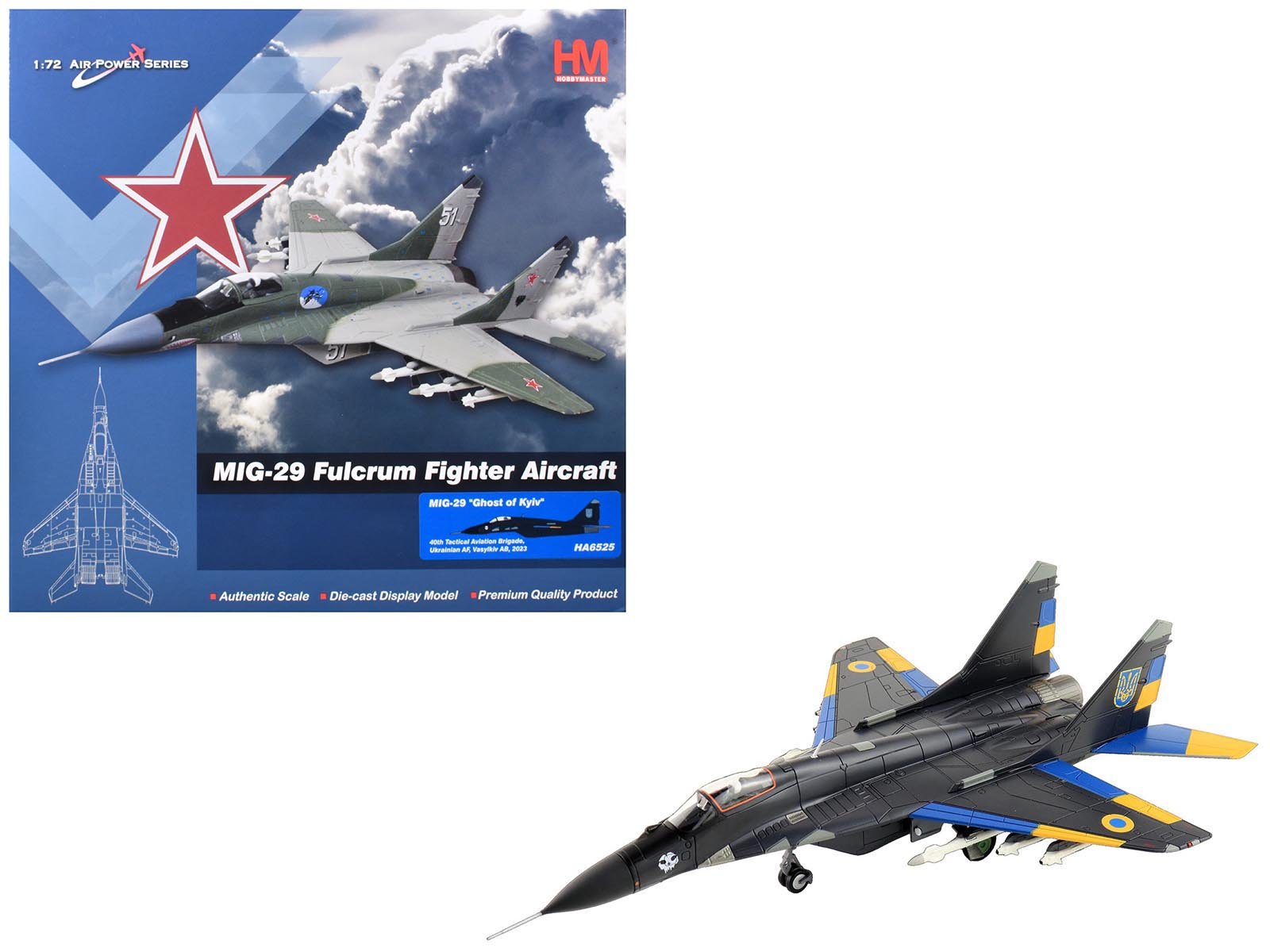 Mikoyan MIG-29 Fulcrum Aircraft "Ghost of Kyiv 40th Tactical Aviation Brigade Vasylkiv Air Base" (2023) Ukrainian Air Force "Air Power Series" 1/72 Diecast Model by Hobby Master free shipping USA - Rapid Vehicles