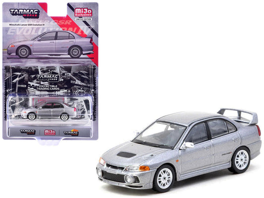 Mitsubishi Lancer Evolution IV Silver Metallic with Tarmac Cards "Global64" Series 1/64 Diecast Model by Tarmac Works free shipping USA - Rapid Vehicles