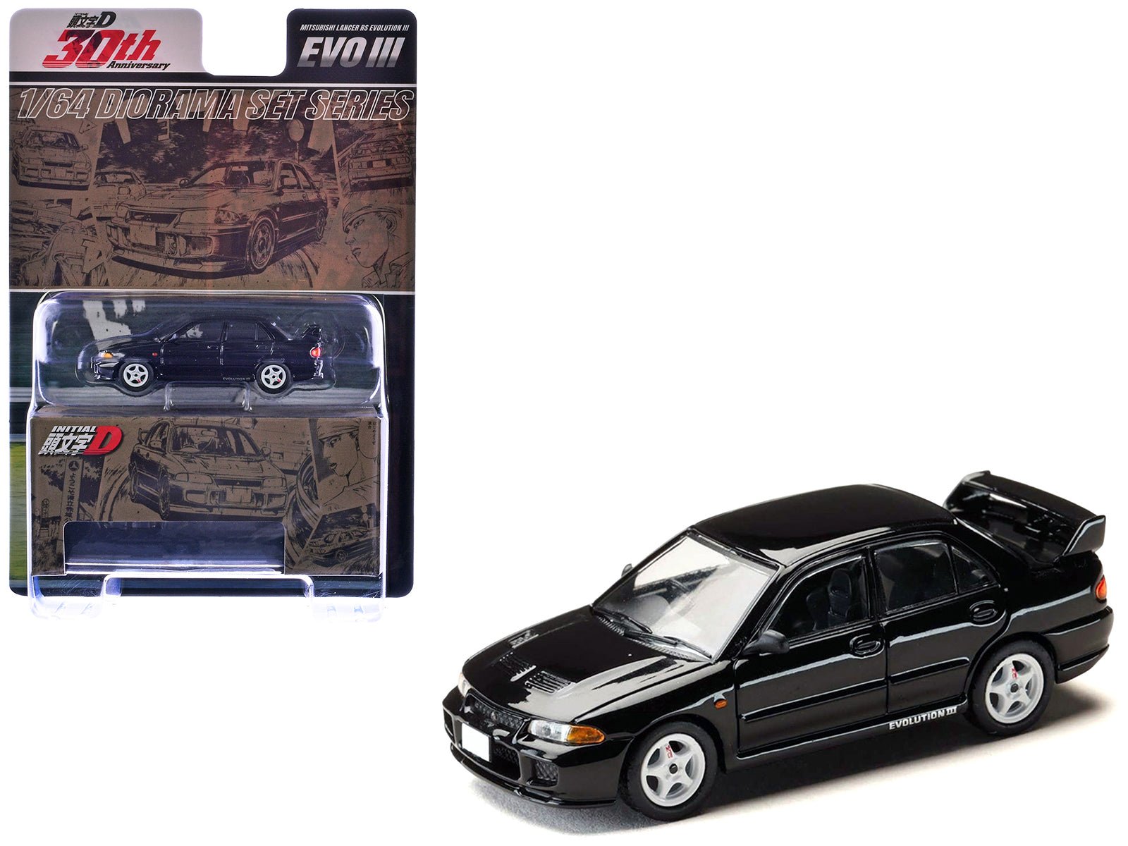 Mitsubishi Lancer RS Evolution III RHD (Right Hand Drive) Black "Initial D" (1995 - 2013) Manga "Diorama Set Series" 1/64 Diecast Model car by Hobby Japan free shipping USA - Rapid Vehicles