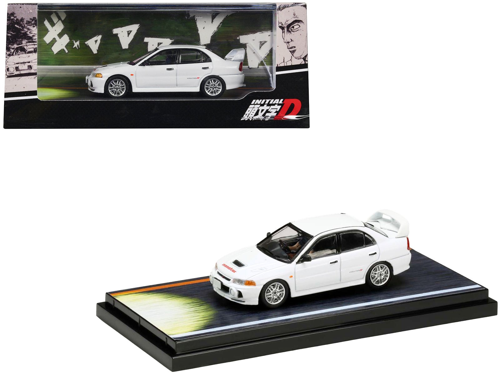 Mitsubishi Lancer RS Evolution IV RHD (Right Hand Drive) White "Monstar" with Seiji Iwaki Driver Figure "Initial D" (1995 - 2013) Manga 1/64 Diecast Model Car by Hobby Japan free shipping USA - Rapid Vehicles