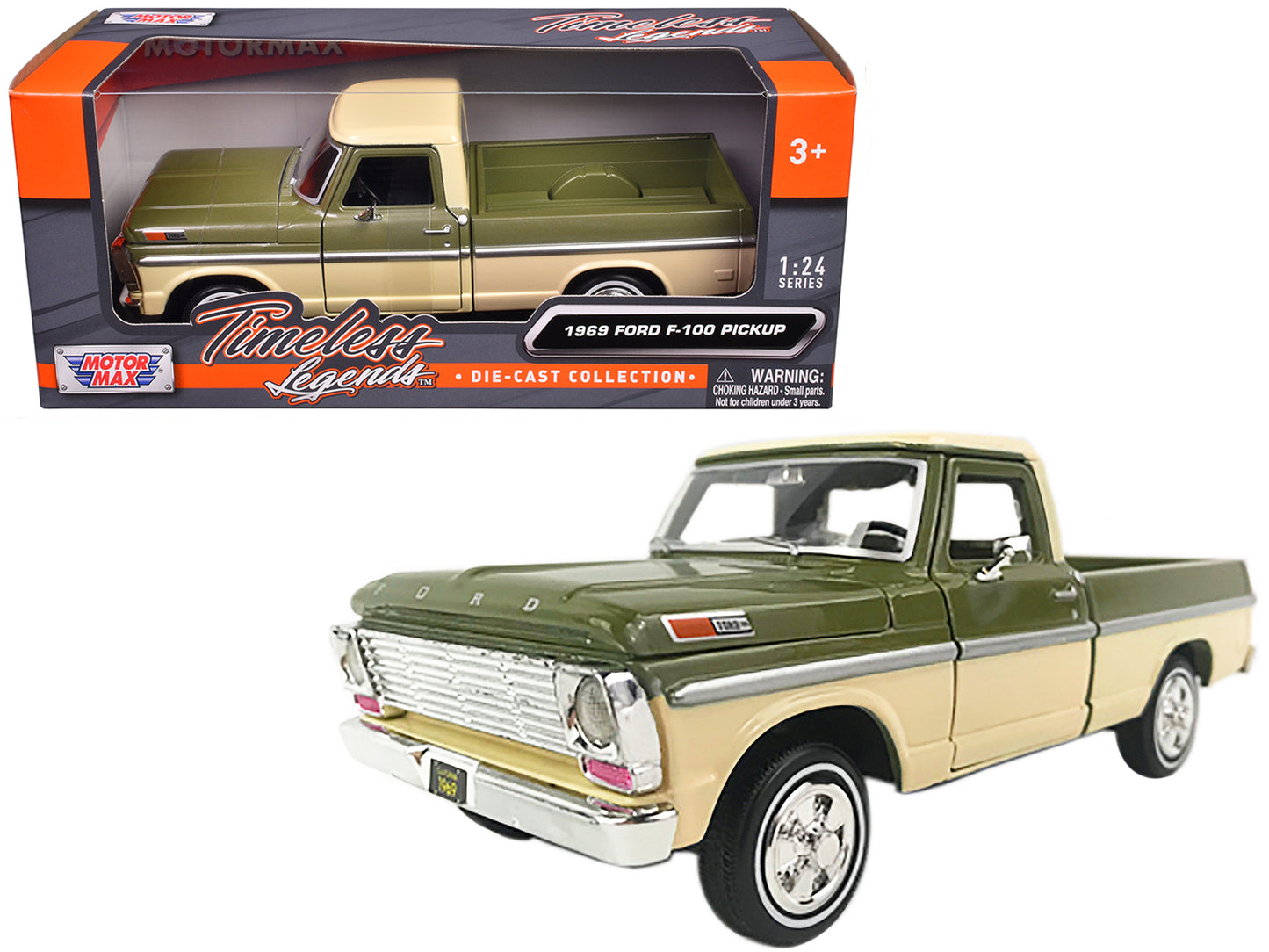 1969 Ford F-100 Pickup Truck Light Green and Cream 1/24 Diecast Model Car by Motormax
