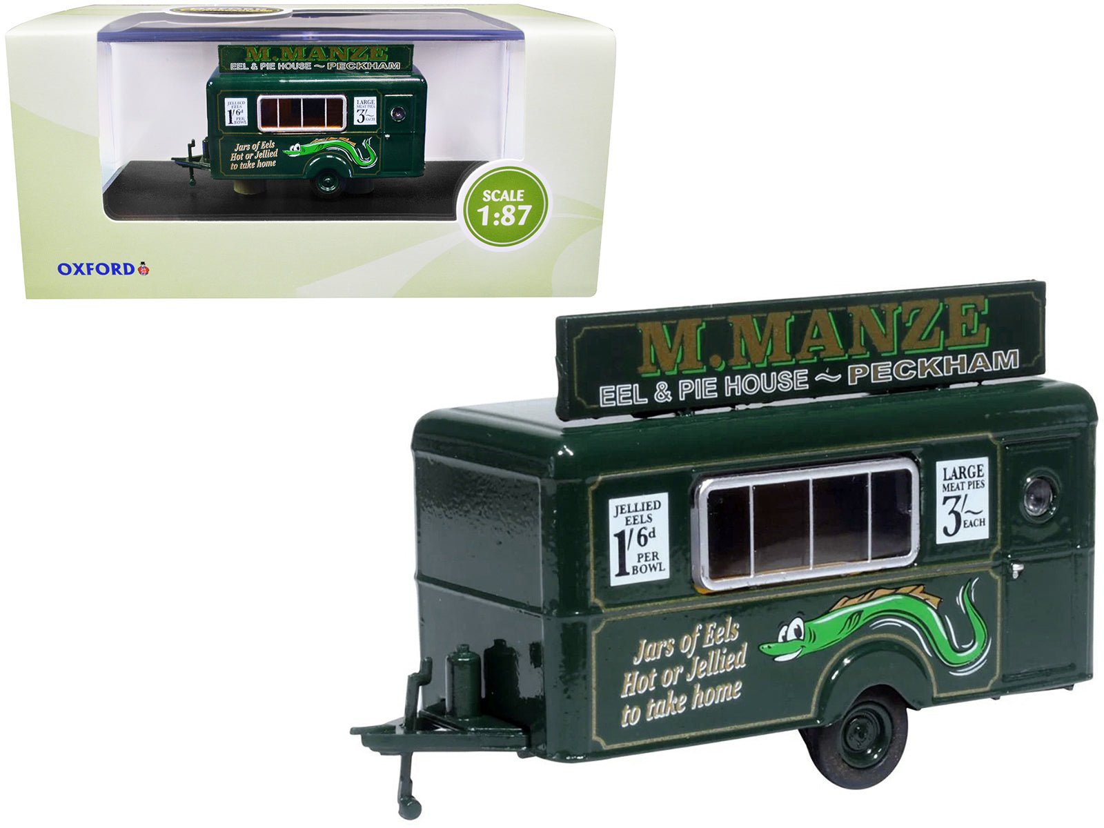 Mobile Food Trailer "M. Manze Eel and Pie House - Peckham" 1/87 (HO) Scale Diecast Model by Oxford Diecast free shipping USA - Rapid Vehicles