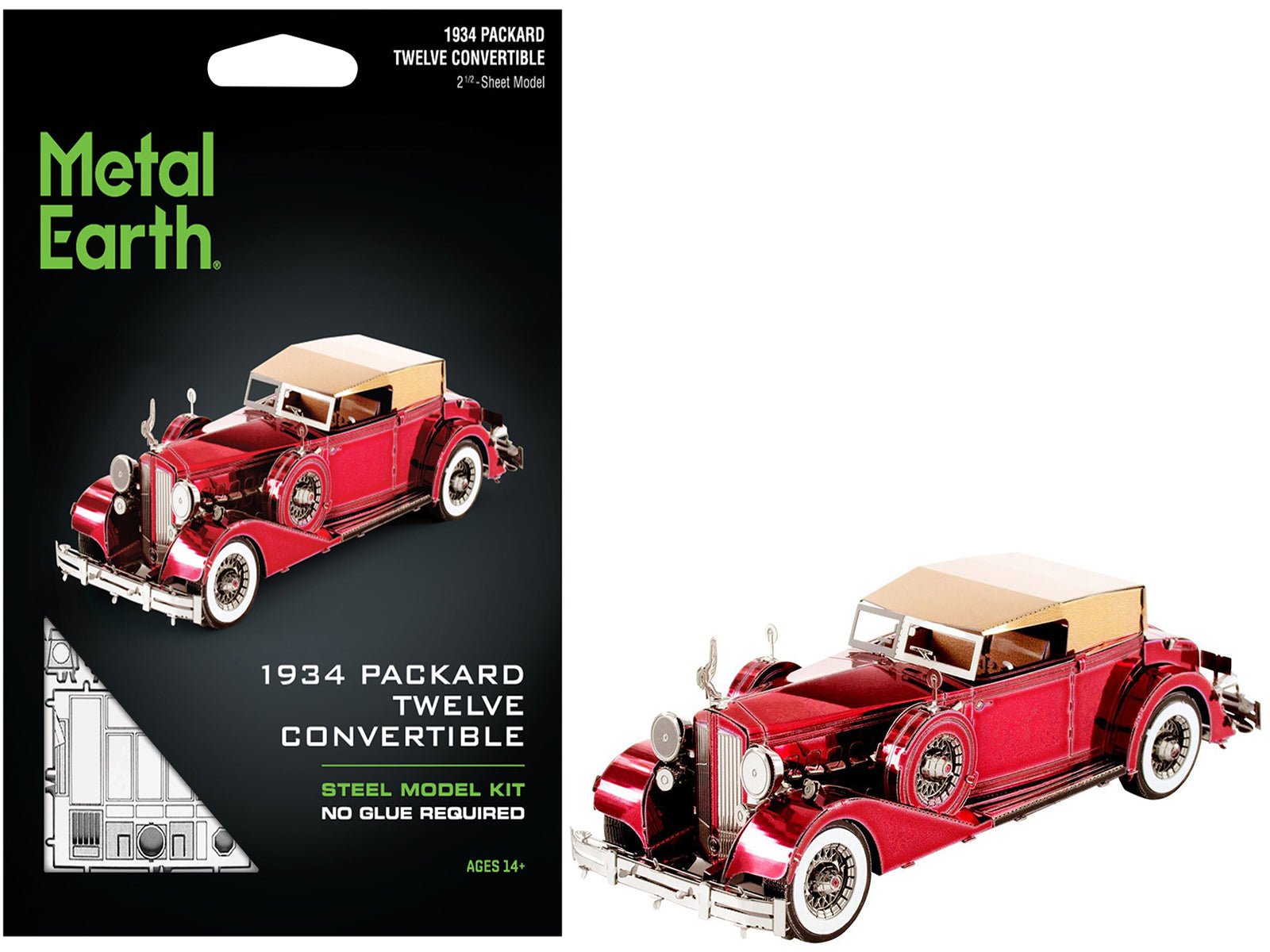 Model Kit 1934 Packard Twelve Convertible Red with Tan Soft Top (Moderate Difficulty) Steel Model by Metal Earth free shipping USA - Rapid Vehicles