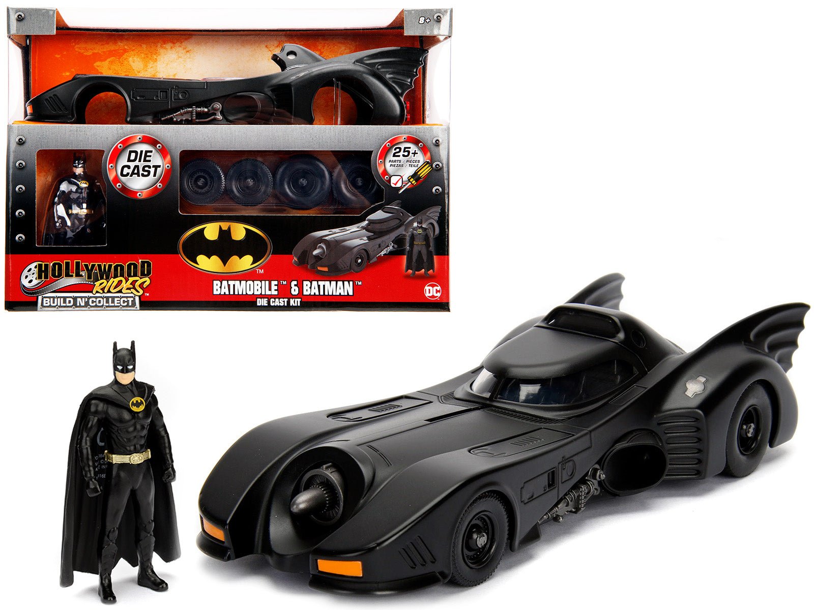 Model Kit Batmobile Matt Black with Batman Diecast Figurine "Batman" (1989) Movie "Build N' Collect" 1/24 Diecast Model Car by Jada free shipping USA - Rapid Vehicles