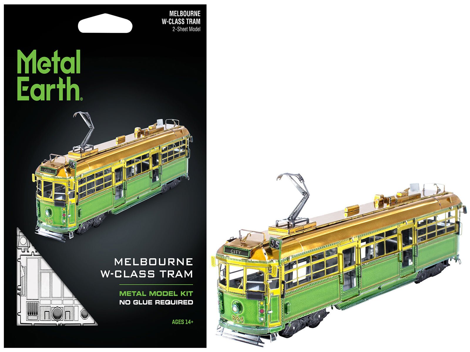 Model Kit Melbourne W - class Tram Green and Gold (Moderate Difficulty) Steel Model by Metal Earth free shipping USA - Rapid Vehicles