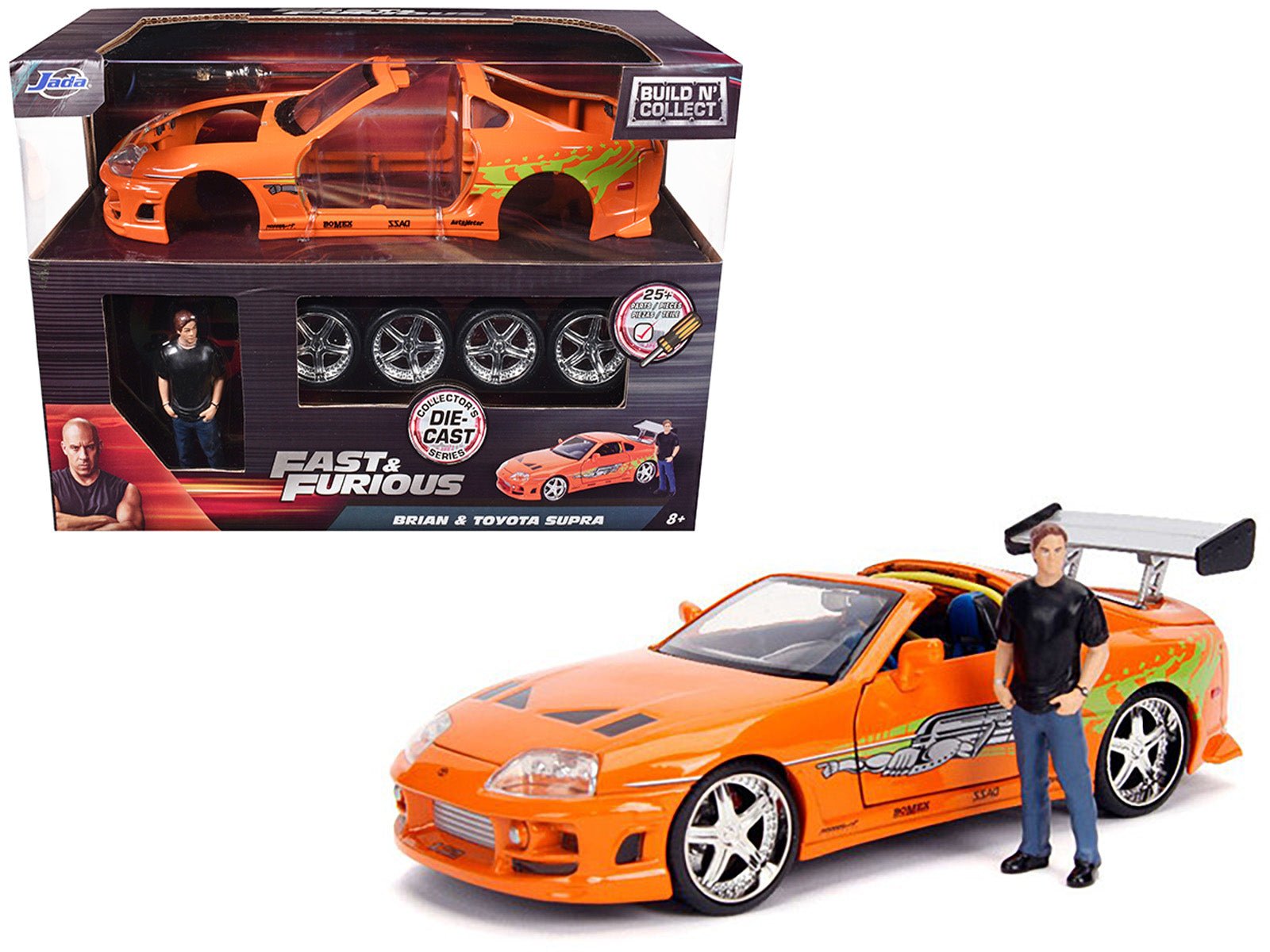 Model Kit Toyota Supra Metallic Orange with Brian Diecast Figure "Fast & Furious" Movie "Build N' Collect" 1/24 Diecast Model Car by Jada free shipping USA - Rapid Vehicles