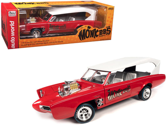 Monkeemobile Red with White Top and Interior "The Monkees" with Four Monkees Figure Cutouts "Silver Screen Machines" Series 1/18 Diecast Model Car by Auto World free shipping USA - Rapid Vehicles